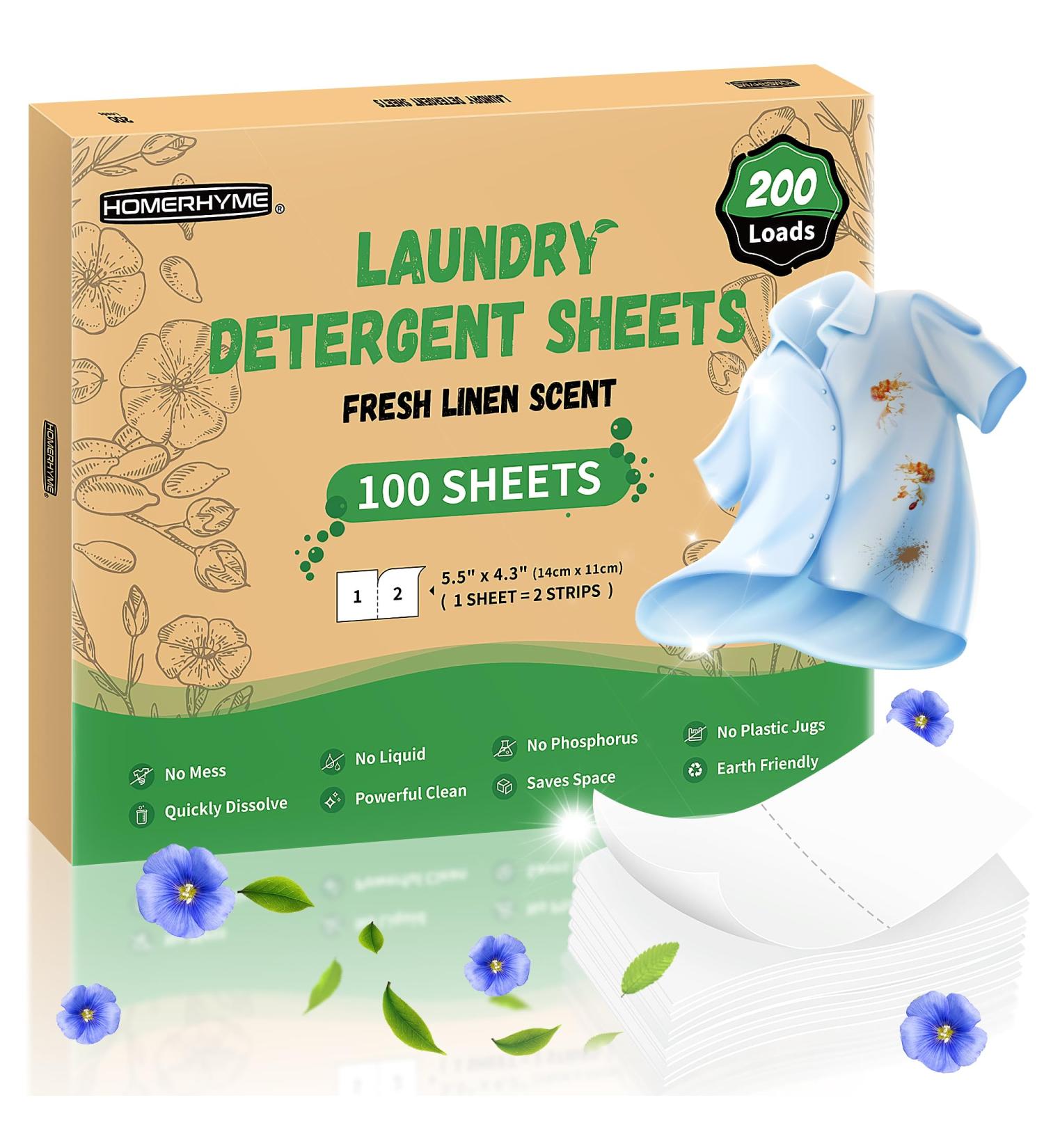 HOMERHYME Eco-Friendly Laundry Detergent Sheets - Fresh Linen Scent 200 Loads Plastic Free Hypoallergenic Travel & Home Use - 100 Strips - Buy Online on SooperMarket.com