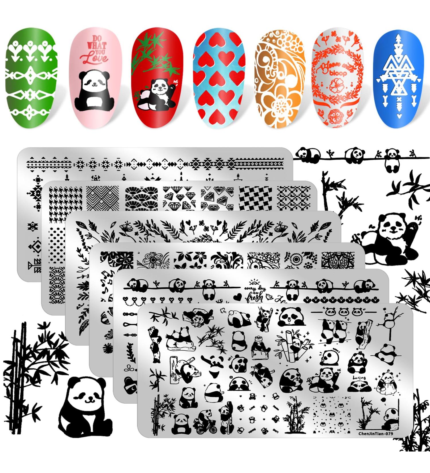 JSRQT Nail Art Stamping Plates Set - 6 Mixed Pattern Stencils for DIY Manicure | Sweet Panda Floral & Leaf Designs - Buy Online on SooperMarket.com