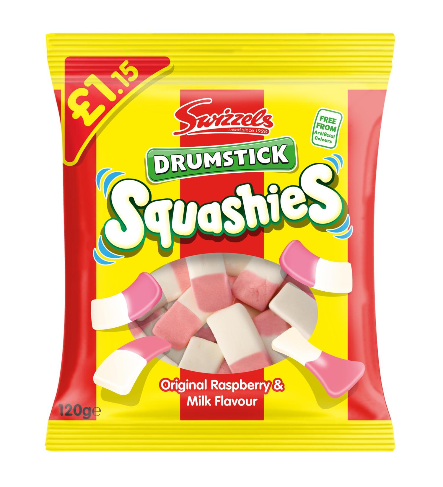 Swizzels Drumstick Squashies Original Sweets - Raspberry and Milk Flavour Foam Gum Sweets (Price Marked) Single Pack 120g