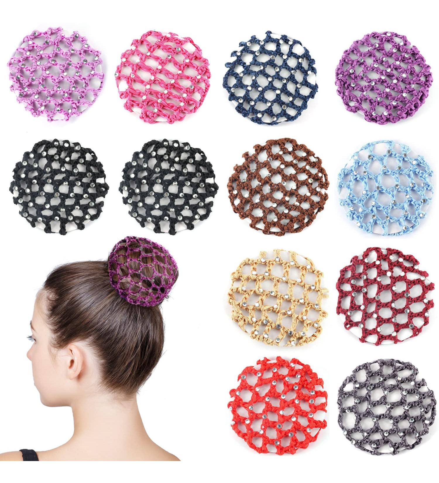 Hair Net Chignon 12 Bun Hairstyle Aid Fabric Knot Net with Glitter Rhinestones Hair Net Riding Tournament Set for Gymnastics Rhythmic Gymnastics Ballet Figure Skating - Buy Online on SooperMarket.com