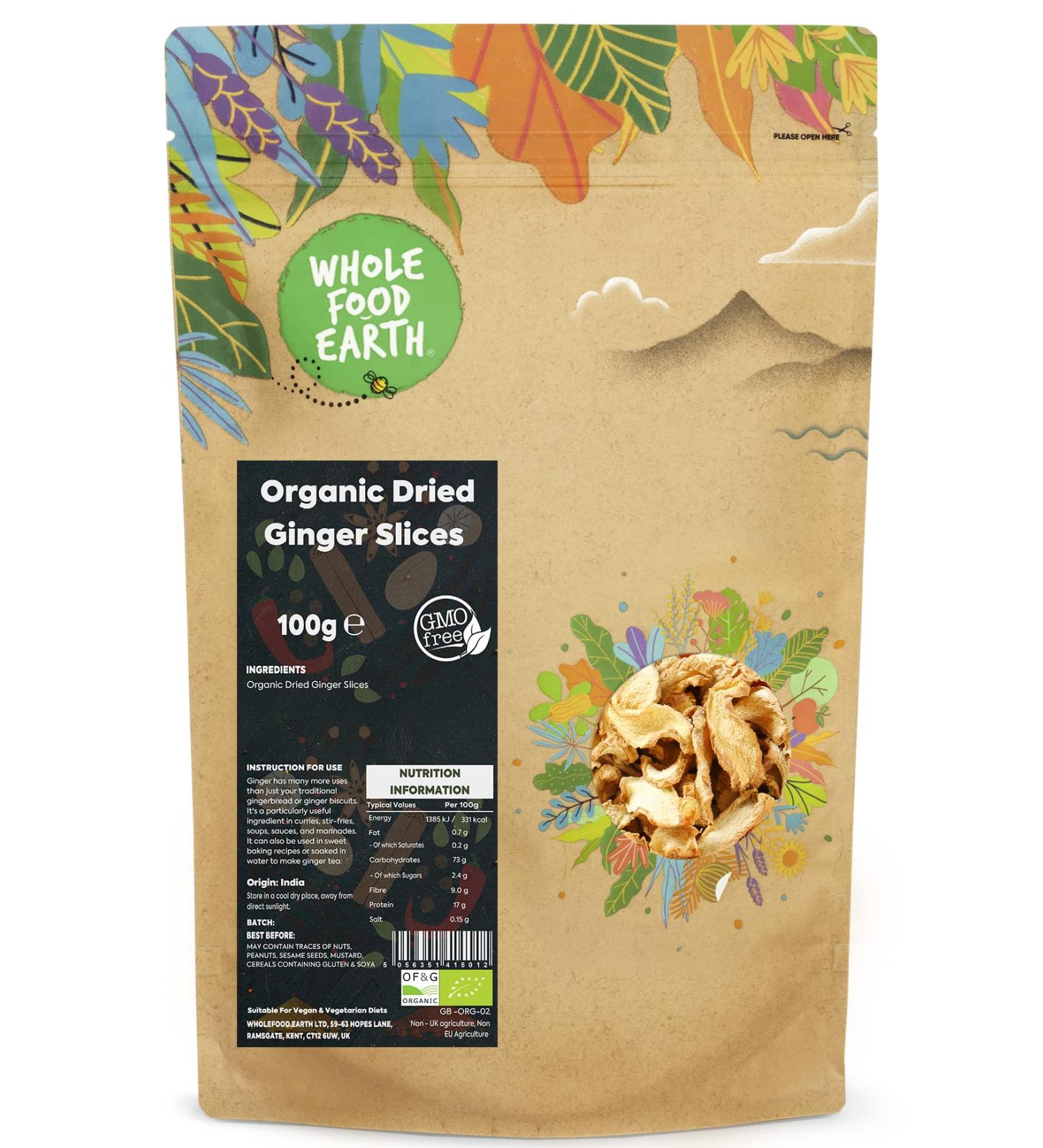 Wholefood Earth Organic Dried Ginger Slices 100 g | GMO Free | Certified Organic - Buy Online on SooperMarket.com