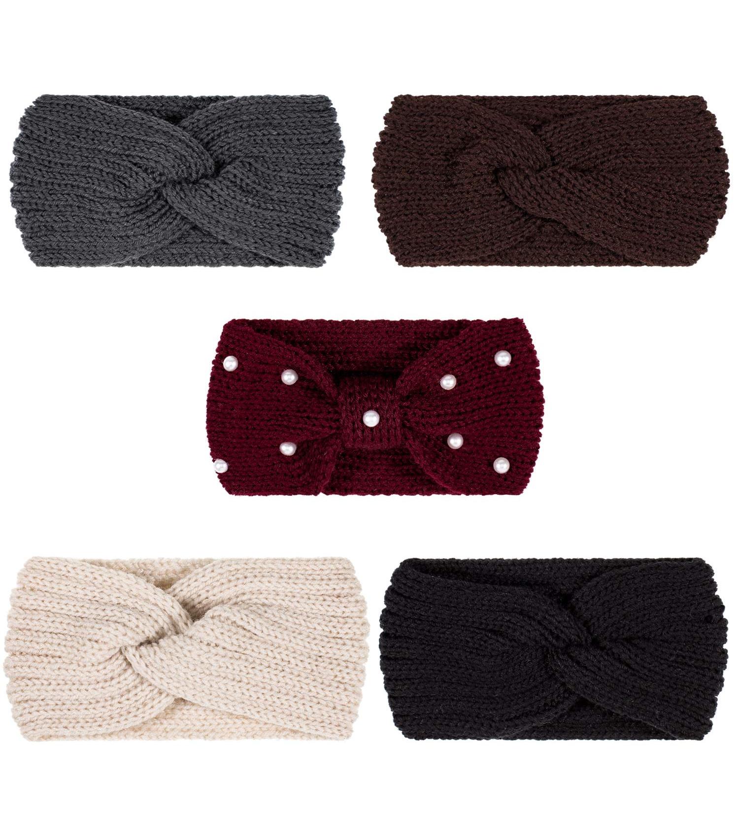 Whaline 5-Piece Knit Headbands & Ear Warmers Set for Women, Girls - Elastic Turban Wraps, Pearl Crochet Hair Band, Scrunchies - Autumn & Winter Colors - Buy Online on SooperMarket.com