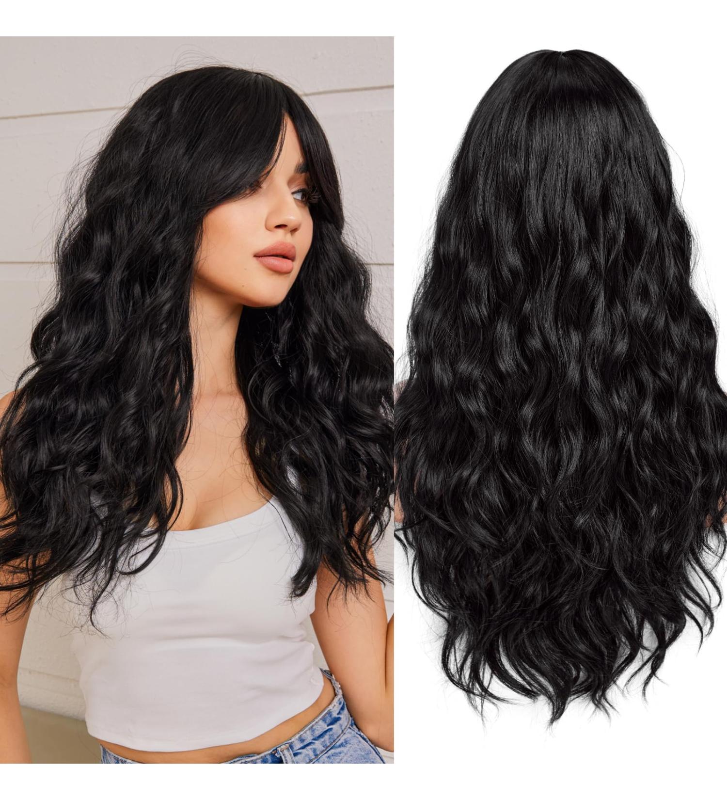 Wokestar Long Black Synthetic Hair Wig with Curtain Fringe for Women - Buy Online on SooperMarket.com