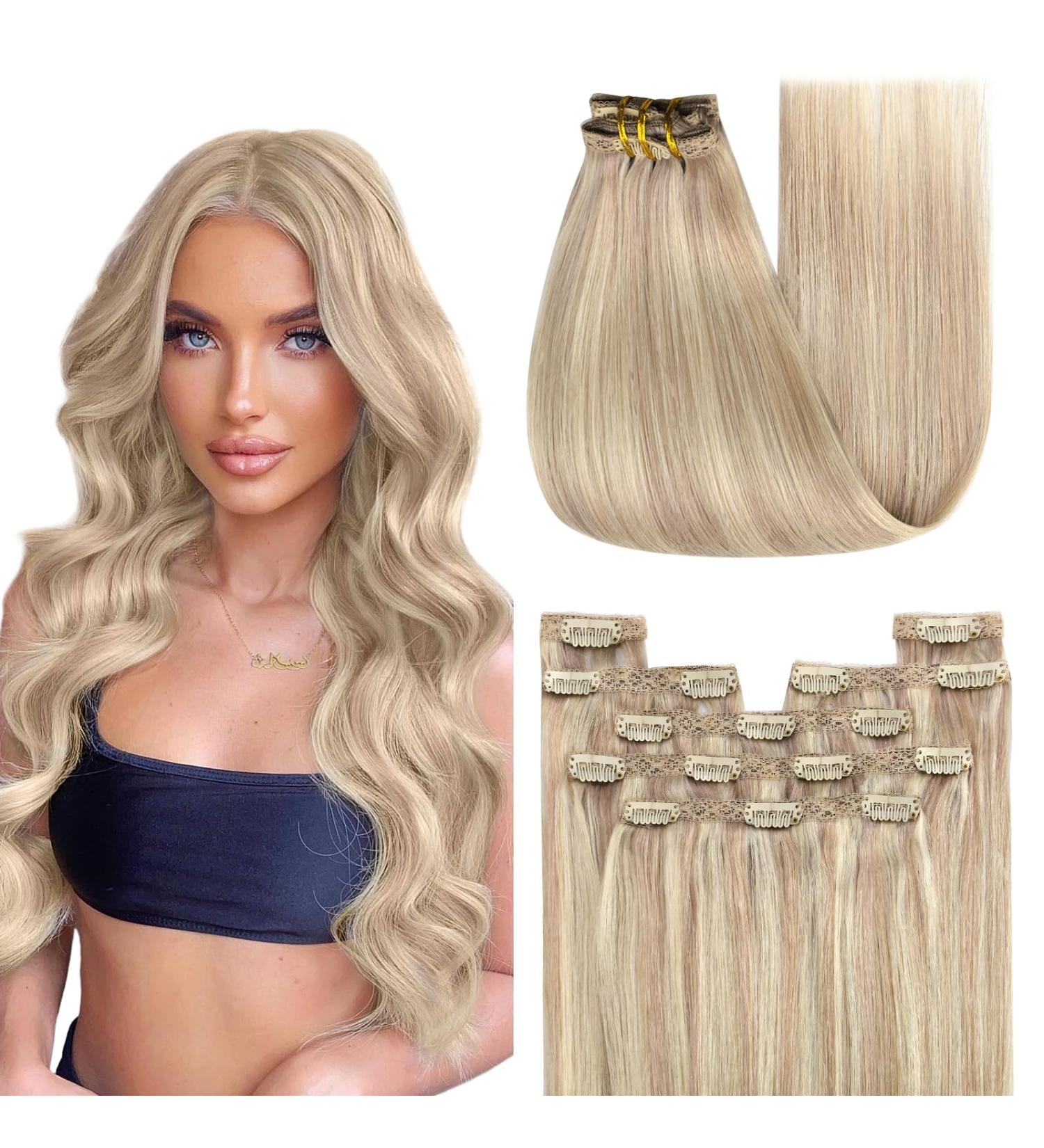 Youngsee Clip-In Hair Extensions - 35cm Real Hair 120g - Ashblond & Platinum Highlights - 7 Pieces - Buy Online on SooperMarket.com