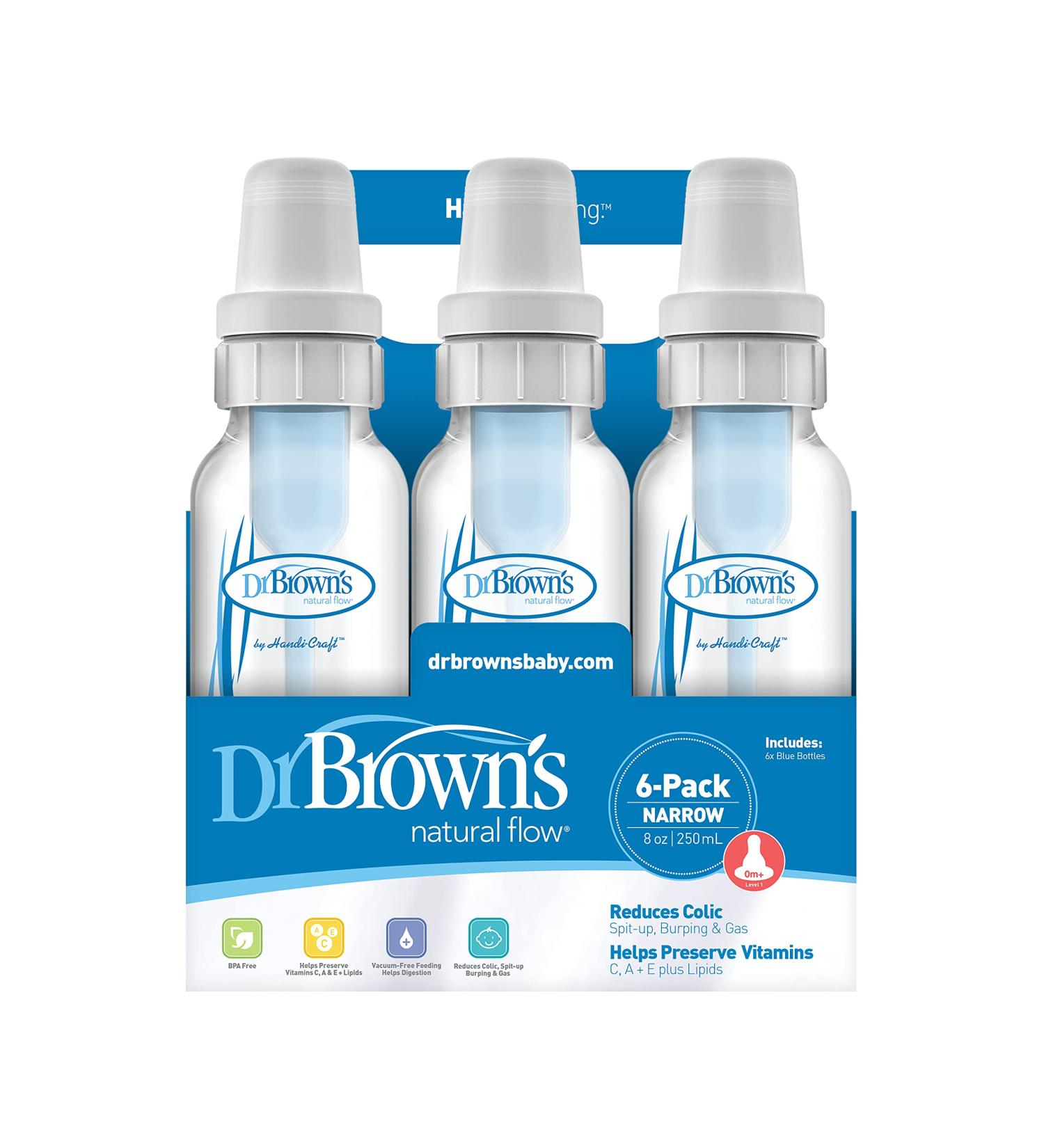 DR Browns Natural Flow Feeding Bottle 6PK Clear with Blue Writing - 250ML(8OZ) (Standard)