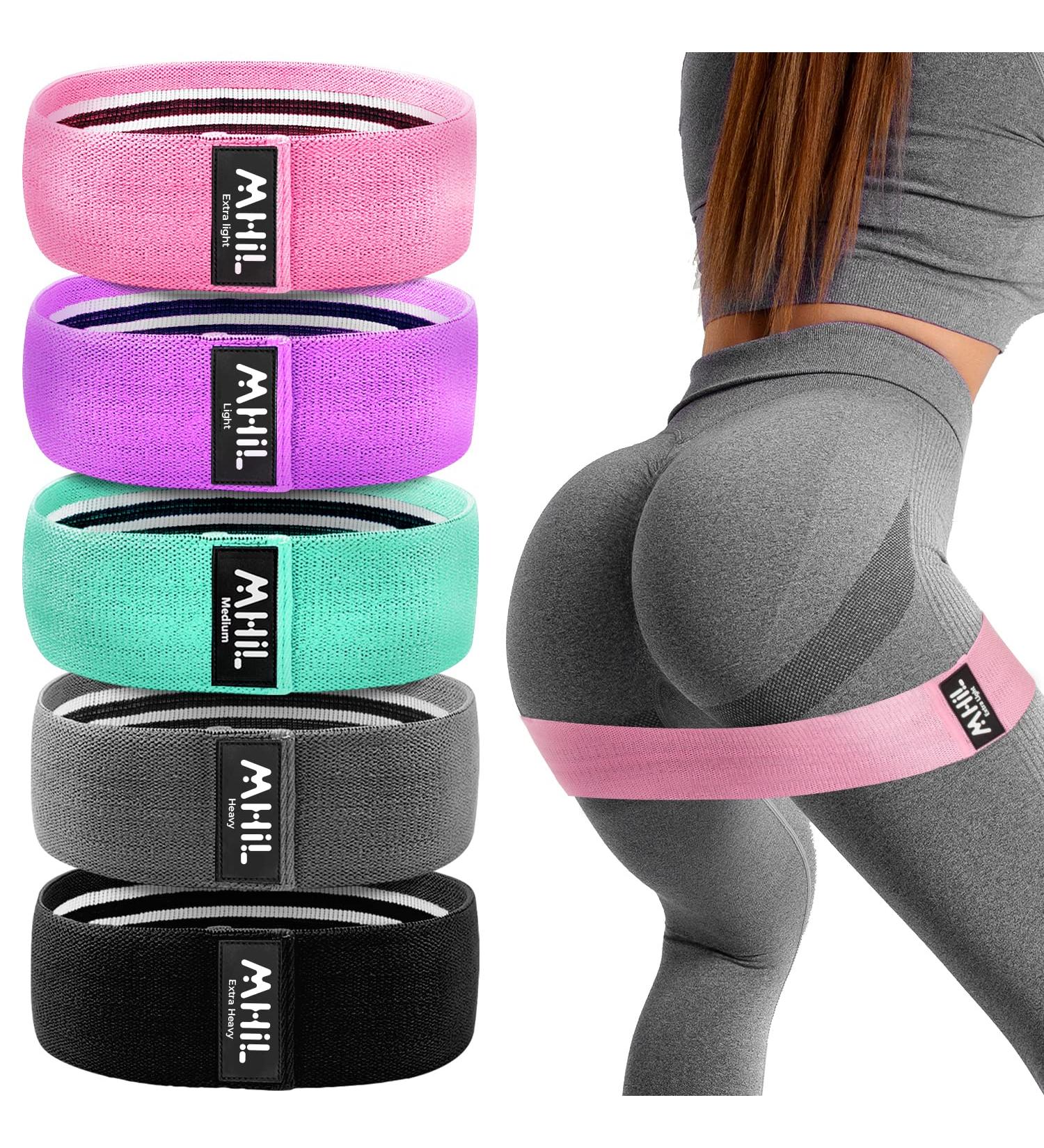 MhIL 5 Resistance Bands Set for Working Out - Best Exercise Bands for Legs, Butt, and Glutes - Stretch Gym Fitness Bands for Men and Women - Home Elastic Loops in Pink, Black, Green, Purple, Grey - Buy Online on SooperMarket.com
