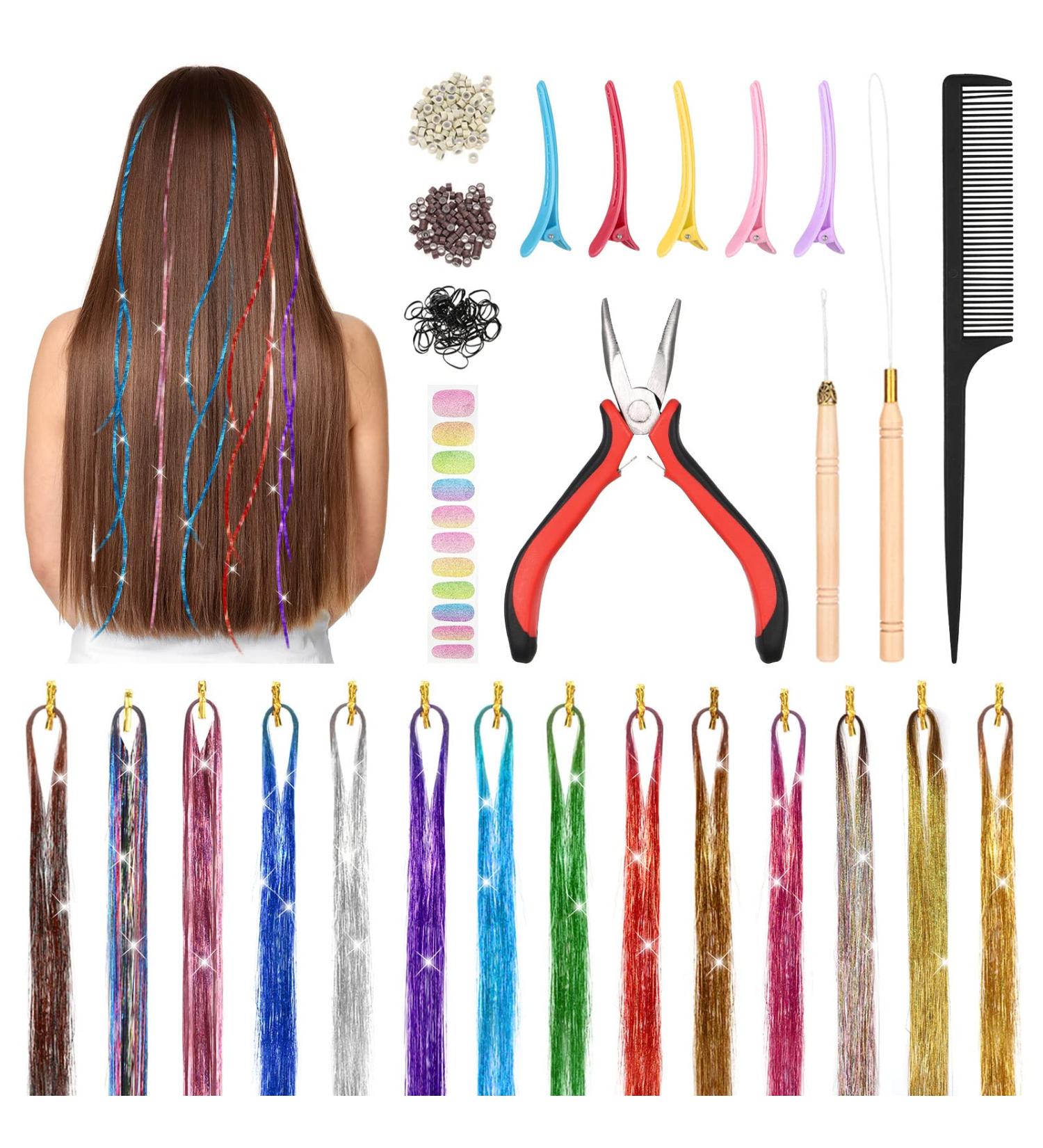 Xinzistar 14 Colors 2800 Strands Hair Tinsel Extension Kit Holographic Sparkle Hair Glitter Strands Rainbow Coloured Hair Extensions Fairy Dazzle Hair Extension for Festival Women Girls Kids Party - Buy Online on SooperMarket.com
