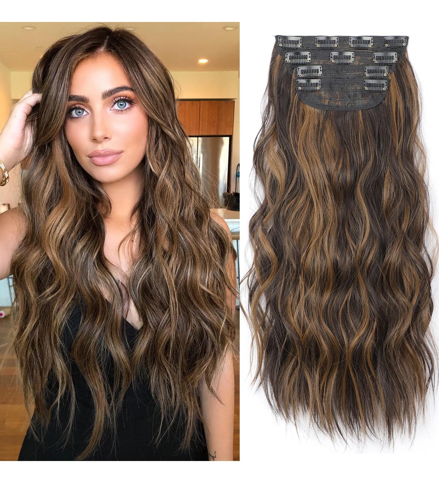 KooKaStyle Clip in Long Wavy Synthetic Hair Extension 20 Inch 4PCS Balayage Dark Brown to Chestnut - Thick Double Weft Hairpieces for Women - Buy Online on SooperMarket.com
