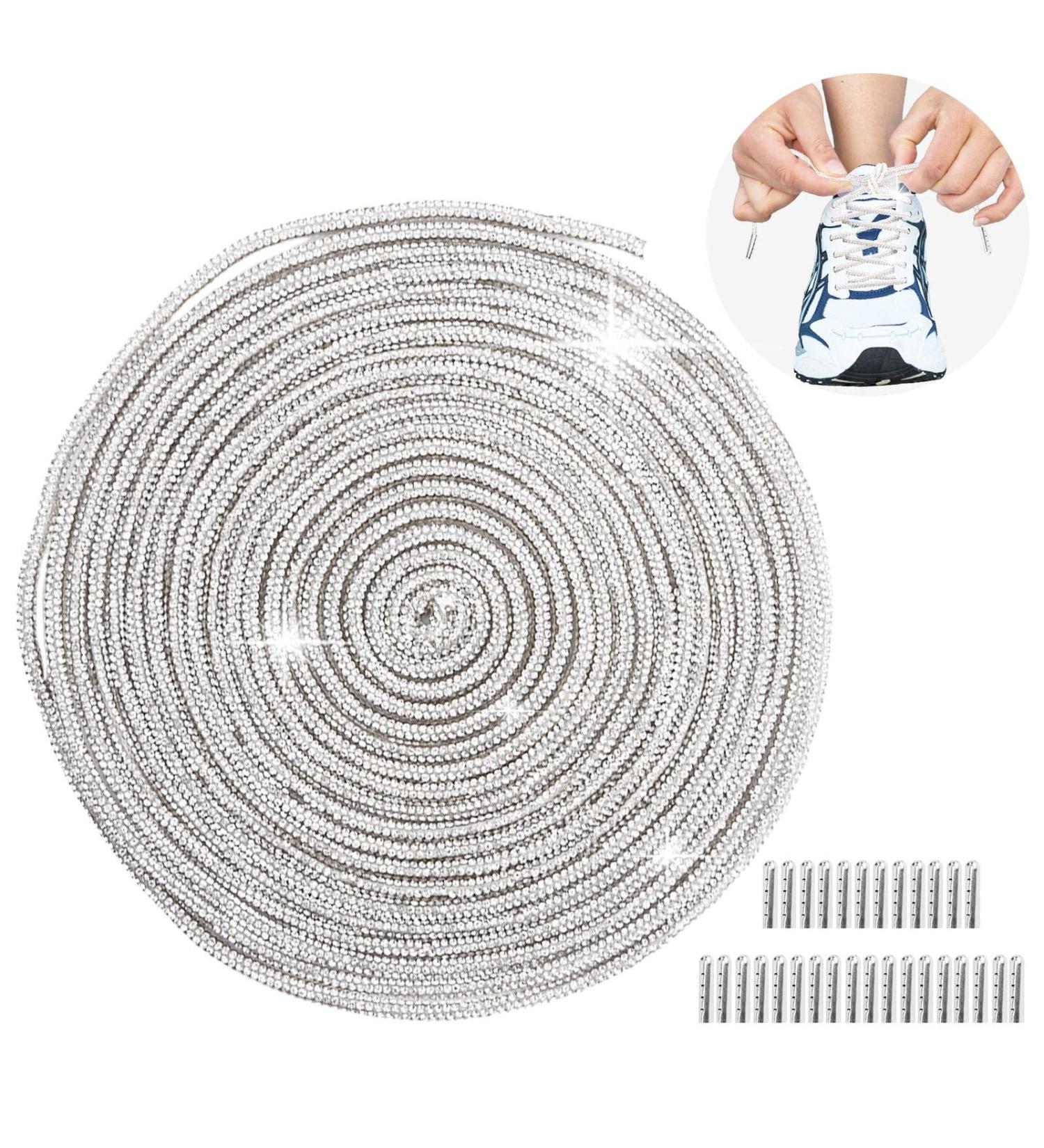 Rhinestone Shoe Laces Set with Metal Tips - 5.47 Yards Glitter Cords for DIY Hoodie, Pants, Hats (Silver) - Buy Online on SooperMarket.com