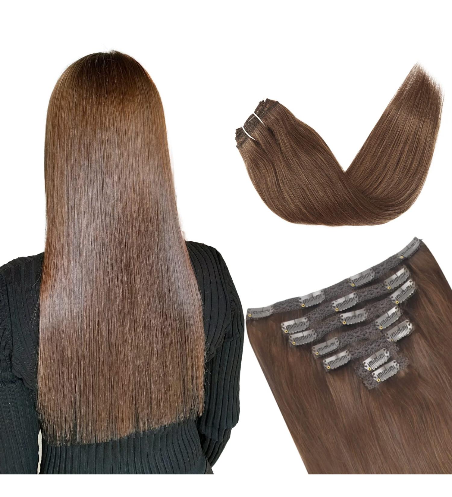 Vlasy Copper Brown Clip in Hair Extensions 14 Inch - Seamless Natural Human Hair Weft Extensions for Women - Buy Online on SooperMarket.com