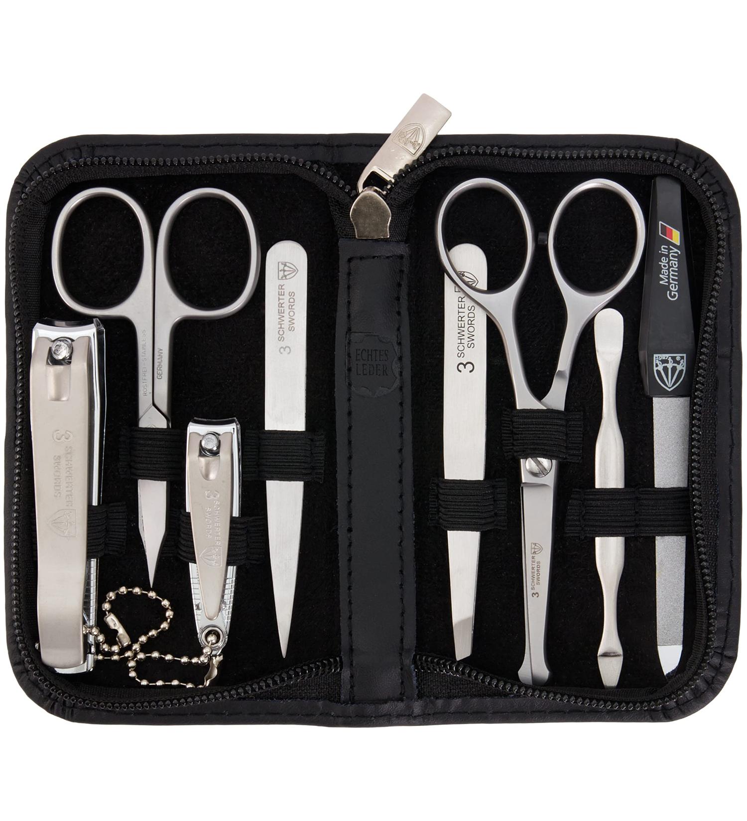 Buy Premium 8-Piece Manicure Set for Men | Three Swords Nail Care Set in Real Leather Case - Includes Beard Scissors Nail Clippers Tweezers & More - Black - Buy Online on SooperMarket.com
