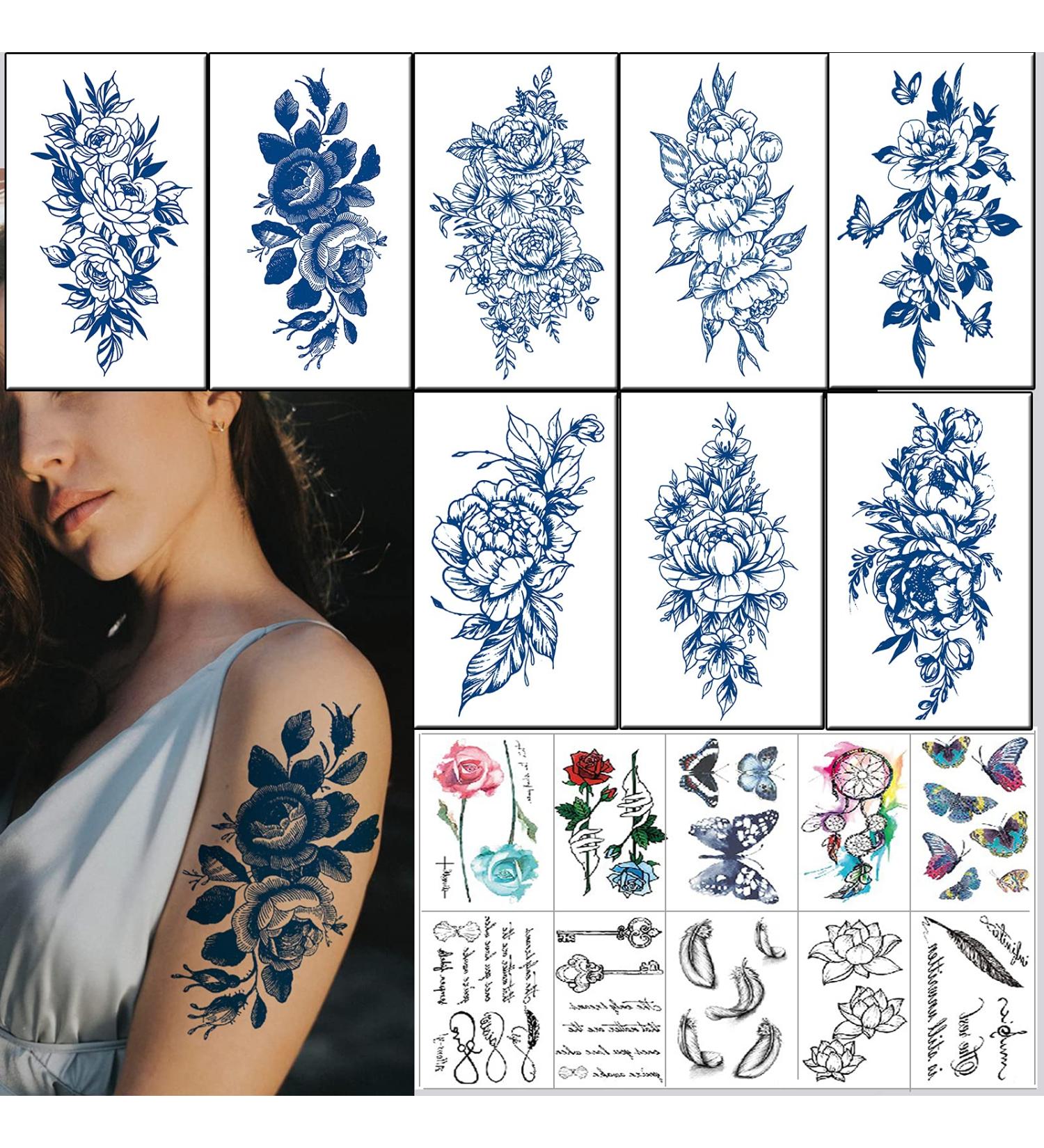 2 Week Flower Semi Permanent Tattoos for Women - 8 Large Sheets & Long-Lasting Juice Upgrade - Realistic Temporary Tattoo Stickers - Set of 10 Sheets - Buy Online on SooperMarket.com