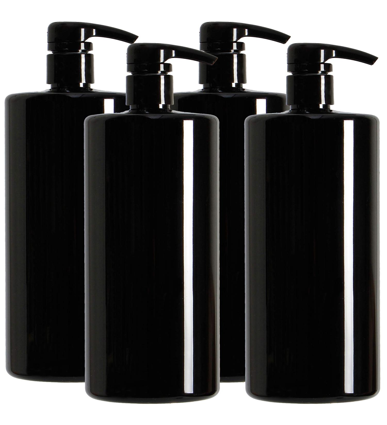 Youngever 4-Set 1L Pump Dispenser Bottles for Shampoo & Lotion | Reusable Plastic Soap Dispenser - Black - Buy Online on SooperMarket.com