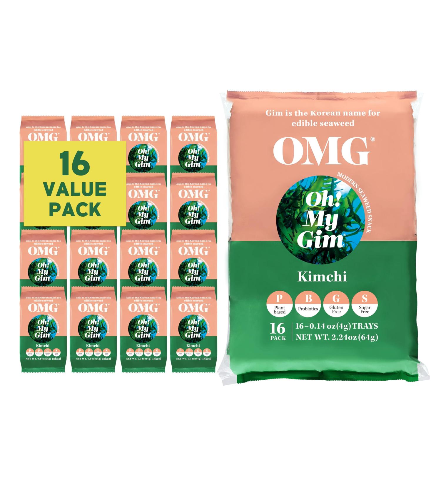 Koreafood OMG OH My Gim Seaweed Snacks - Vegan Sea Salt & Green Tea 16 Pack | Dried Nori & Algae Chips | Authentic Korean Food - Buy Online on SooperMarket.com