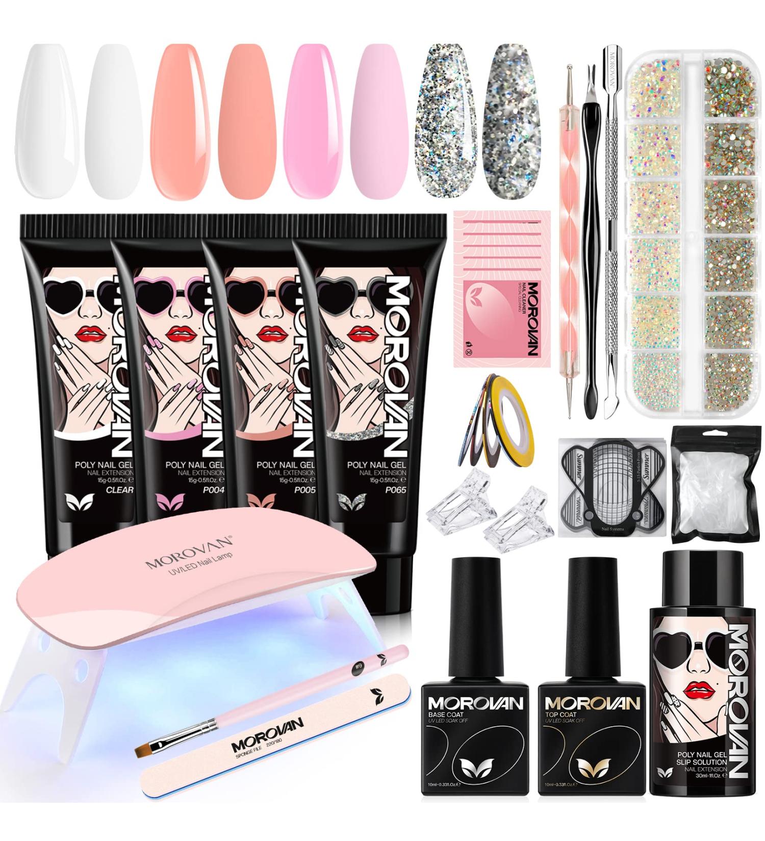 Morovan Poly Gel Nail Kit for Beginners - Pink Nude Poly Gel Nail Kit with UV Lamp | Professional Nail Extension Starter Kit with French Nail Art - Buy Online on SooperMarket.com
