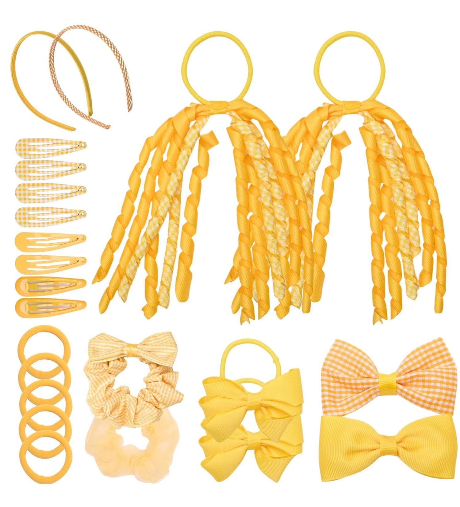 Basic Sense Gingham Girl Hair Accessories Set 16 Pieces Hair Ties Pins Scrunchies Ribbon Ponytail Holder Summer School Check Uniform Yellow - Buy Online on SooperMarket.com