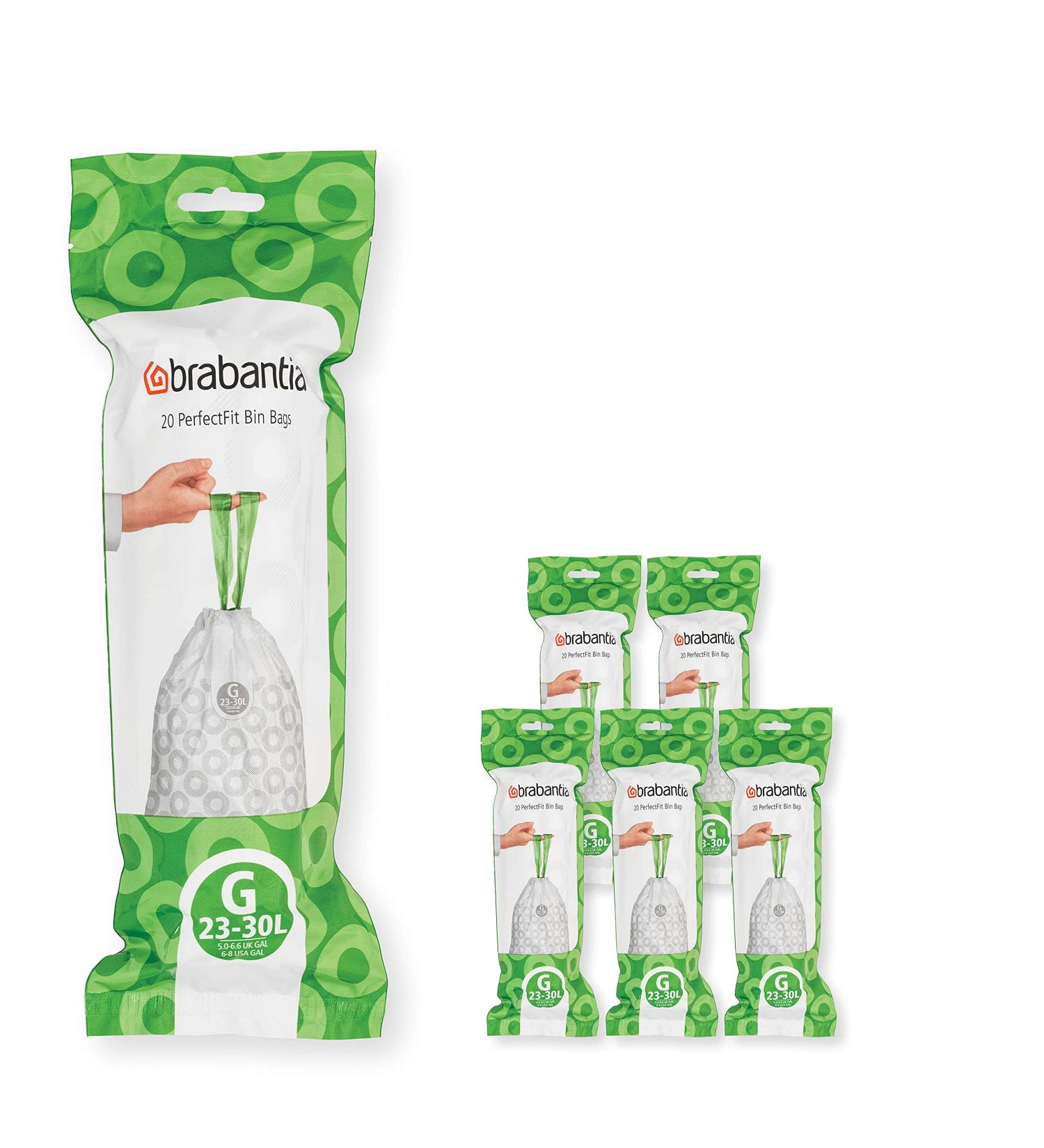 Brabantia PerfectFit Garbage Bags Multipack - Extra Strong (Code G 23L/30L) | 120 White Trash Bags with Train Tape - 6 Rolls - Buy Online on SooperMarket.com