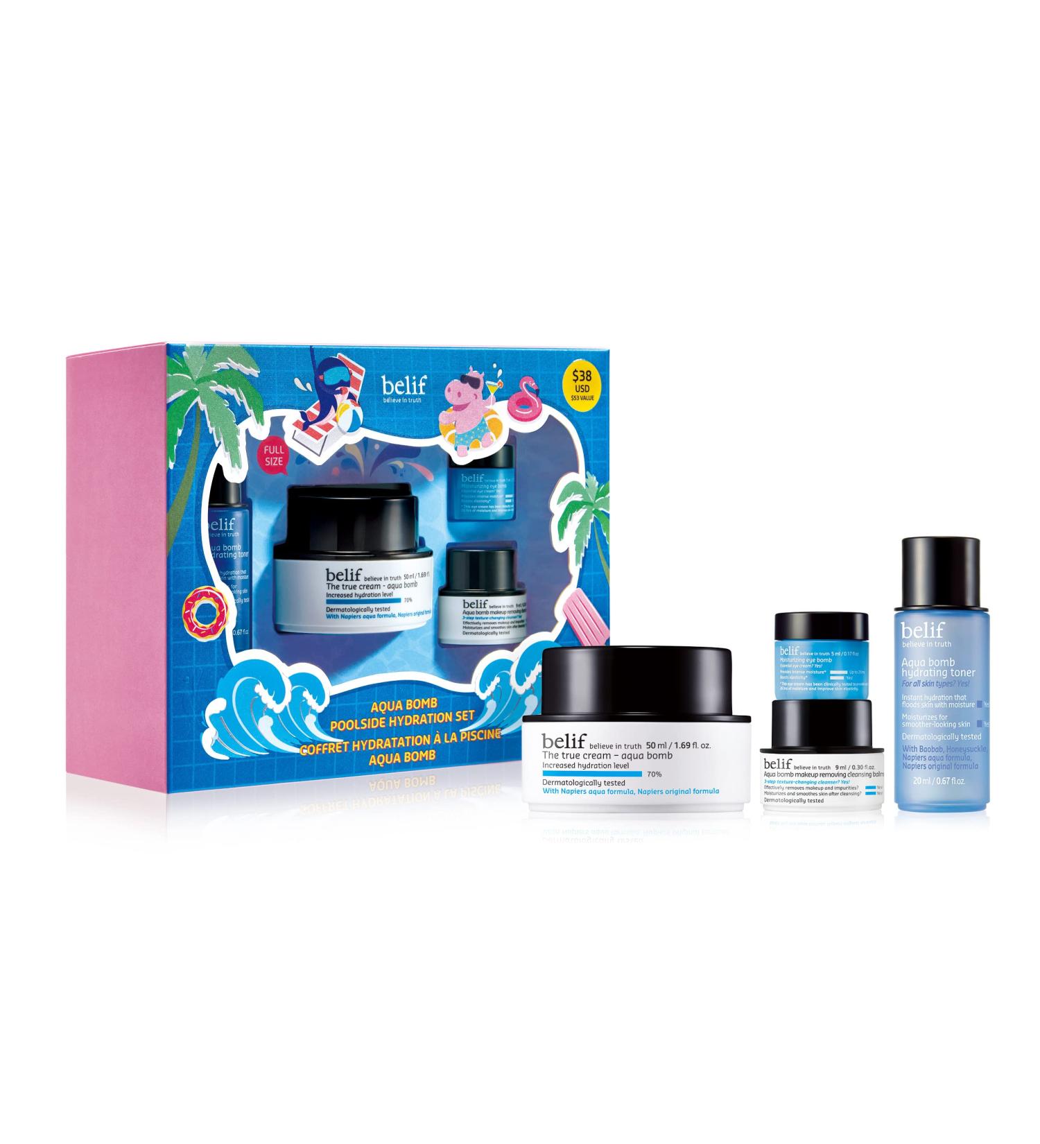 Belif Aqua Bomb Poolside Hydration Set - 26-Hour Hydrating Antioxidant Skincare Kit with Soothing Herbs - Includes Aqua Bomb, Cleansing Balm, Toner & Eye Bomb - Buy Online on SooperMarket.com