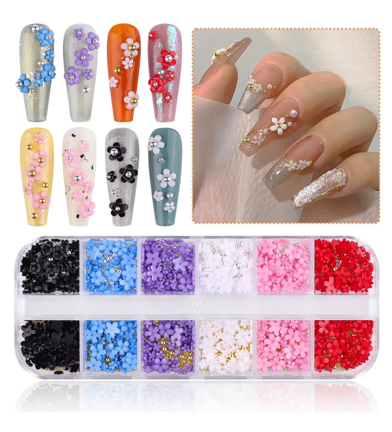 3D Colorful Flower Nail Charms | Acrylic Rhinestone Decorations | Kalolary Nail Art Studs | Gold Silver Caviar Beads | Women Girls | 12 Grids/Box - Buy Online on SooperMarket.com