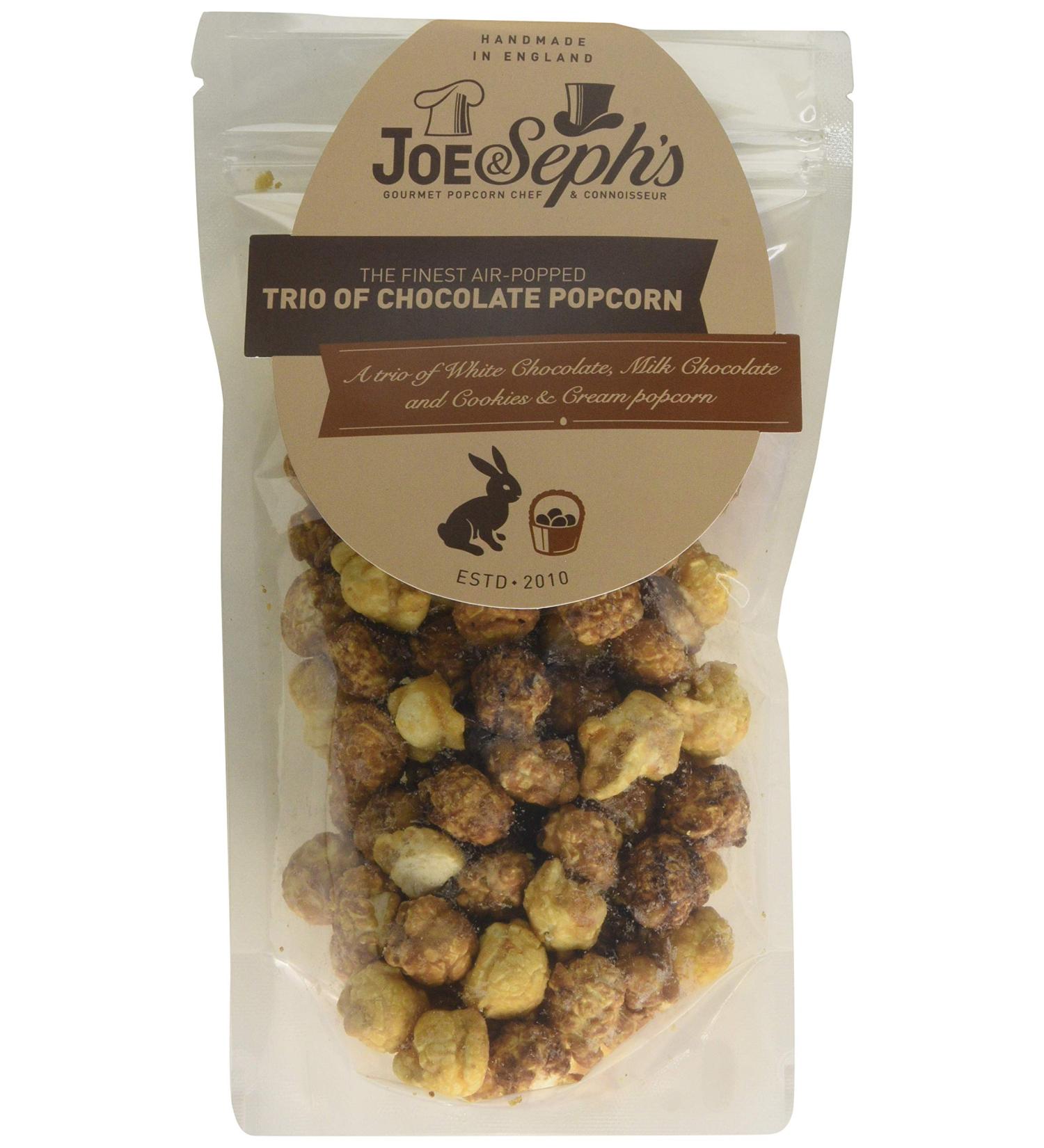 Joe & Seph's Trio of Chocolate Popcorn Pouch - 80g | Gourmet Air-Popped Sweet Snack | Movie Night and Party Treats - Buy Online on SooperMarket.com