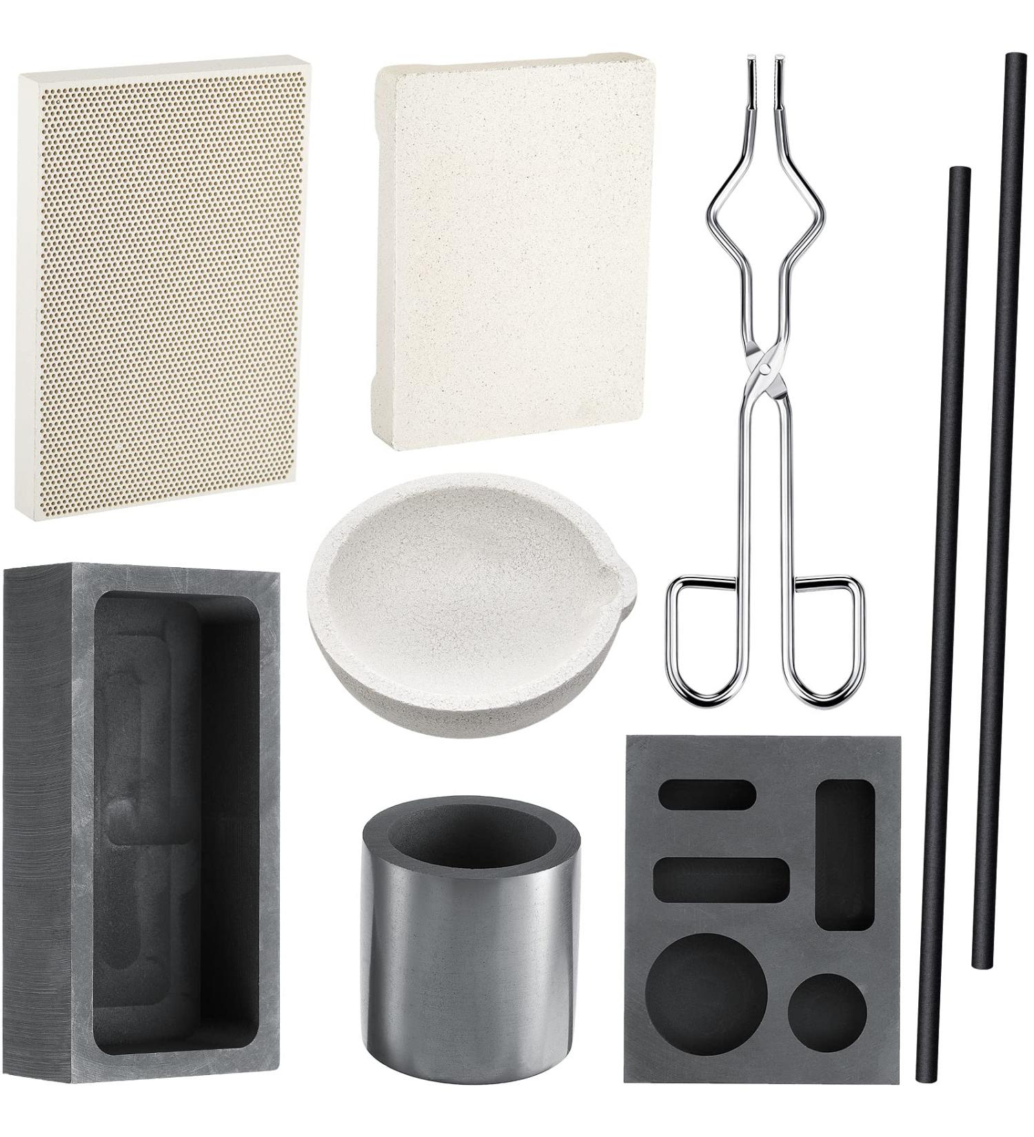 9 Pcs Graphite Torch Melting Casting Kit with Honeycomb Soldering Board and Quartz Plate - Ideal for Metal Gold Silver Copper - 5-in-1 Graphite Casting Mould Included - Buy Online on SooperMarket.com