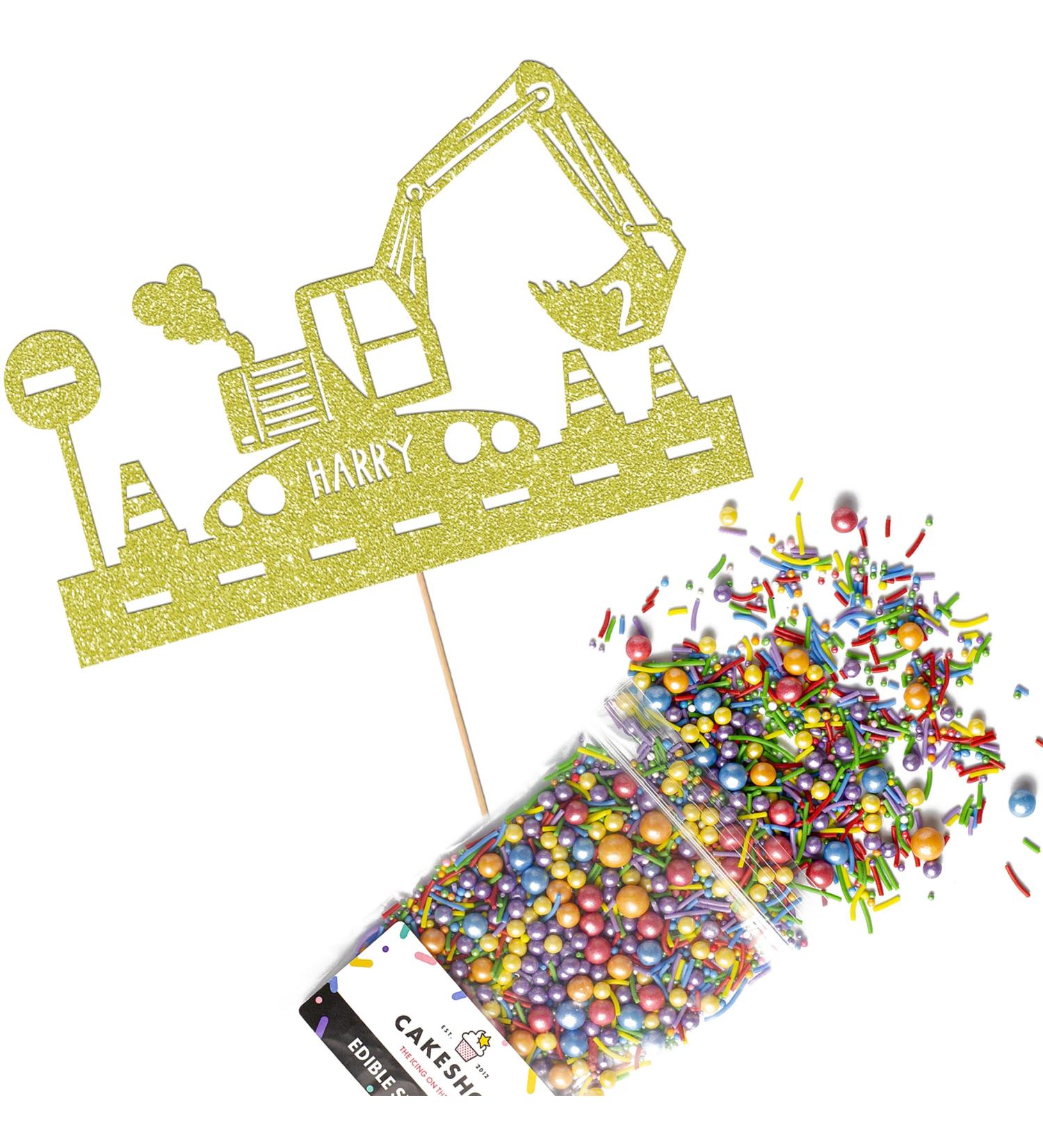 Cakeshop Cake Decoration Pack | Construction Digger Premium Double Sided Glitter Card Cake Topper & 25g Party Pack of Cake Sugar Sprinkles | Custom Name & Age Cake Decorations (Champagne) Prime Glitter Card: Champagne - Buy Online on SooperMarket.com