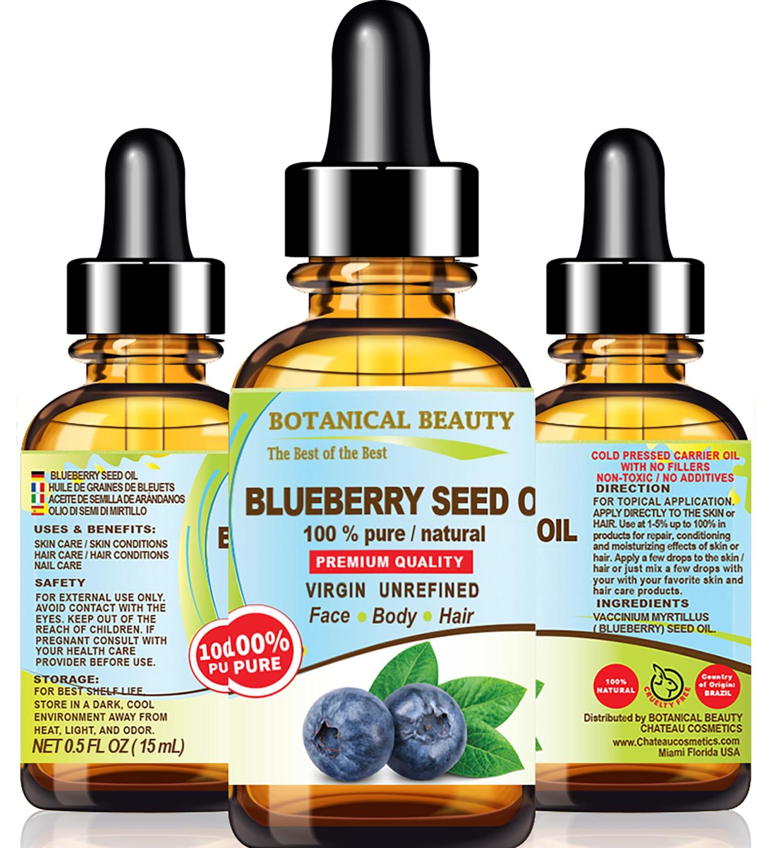 Botanical Beauty Blueberry Seed Oil - 100% Pure Natural Virgin Unrefined - Cold Pressed 0.5 Fl. Oz. for Face Skin Body Hair & Nails - Anti-Aging - Buy Online on SooperMarket.com