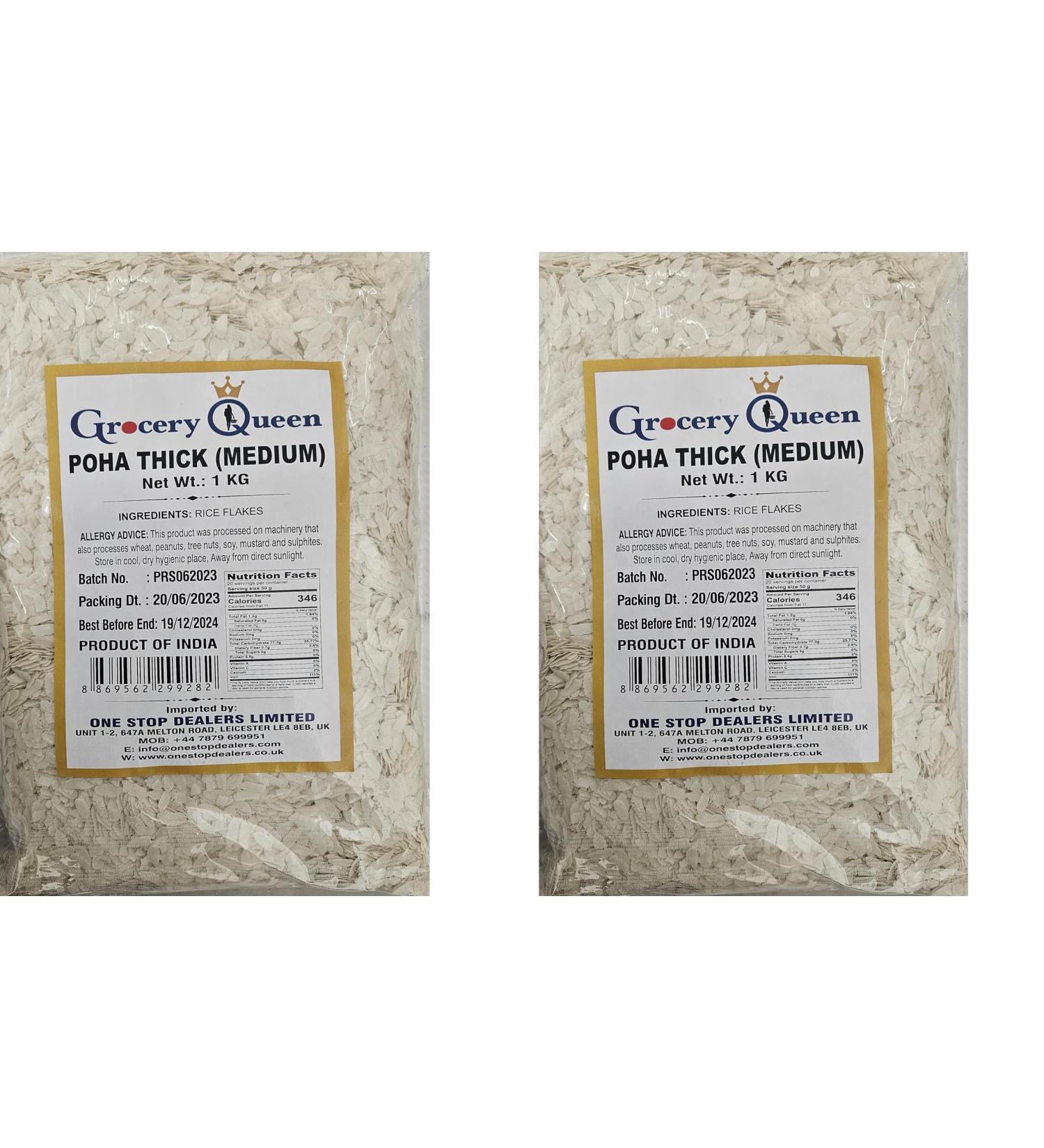 One Stop Dealers Poha Medium Thick (1 KG) - For Breakfast Ready in Few Minutes - Instant Mix Pack - Spicy in Taste Flattened Rice (Pack of 2)
