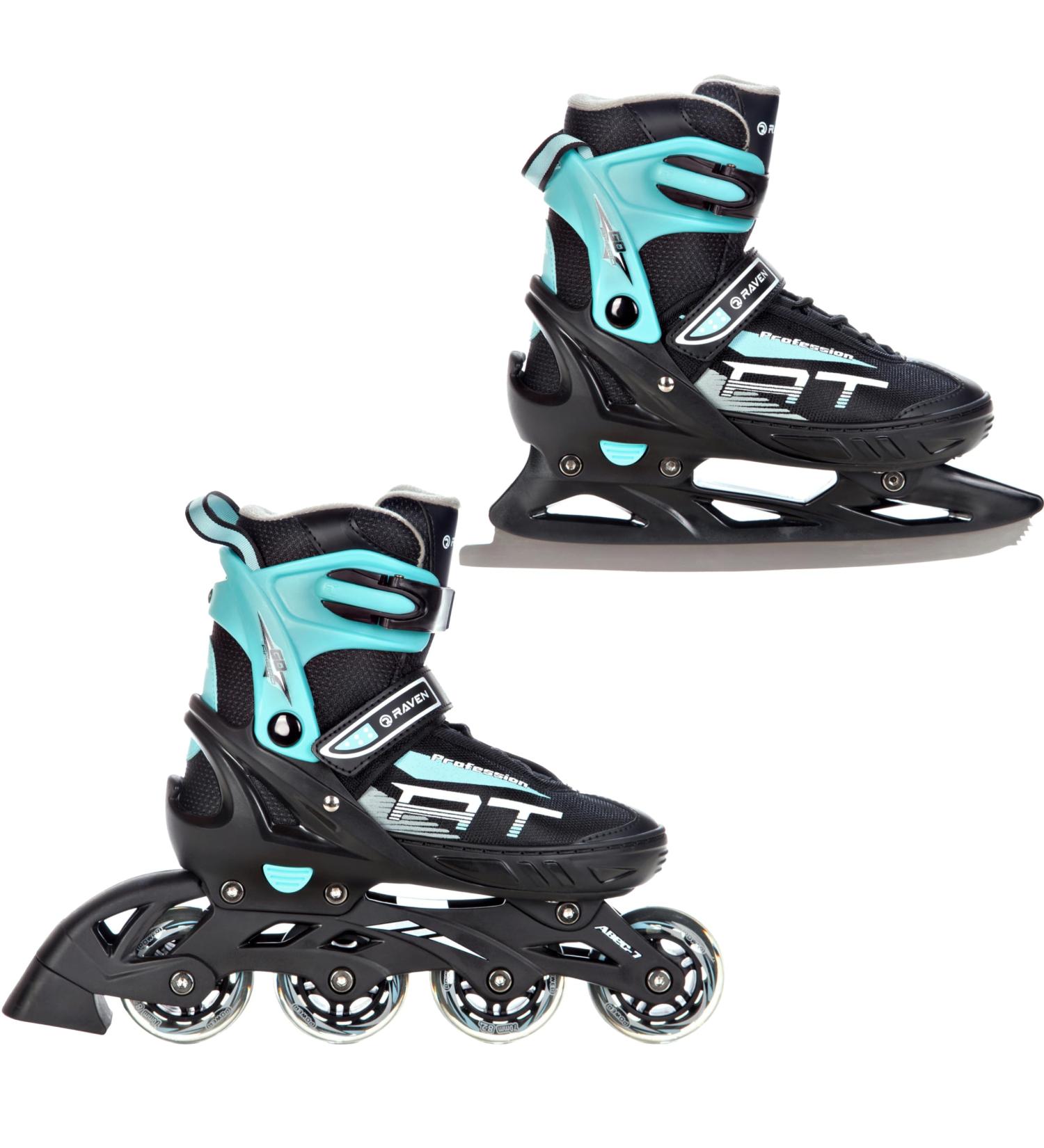Raven Adjustable 2-in-1 Inline & Ice Skates - Professional ABEC7 Shock Absorbing Triple Foam Black/Mint (Size 38-42) - Buy Online on SooperMarket.com