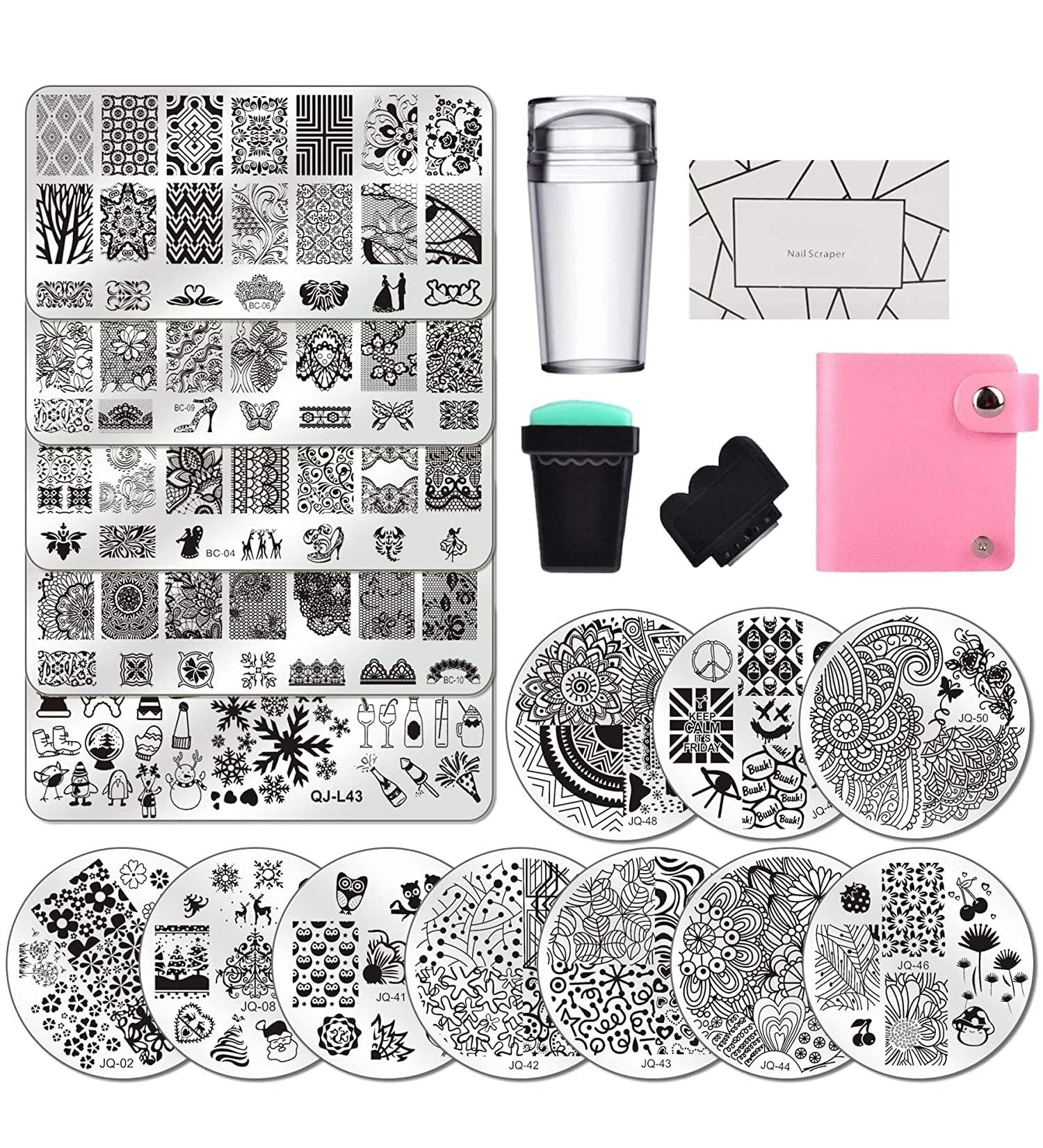 15-Piece Nail Art Stamping Kit - Christmas & Love Designs Includes 5 Plates 2 Stampers and Storage Bag - Buy Online on SooperMarket.com