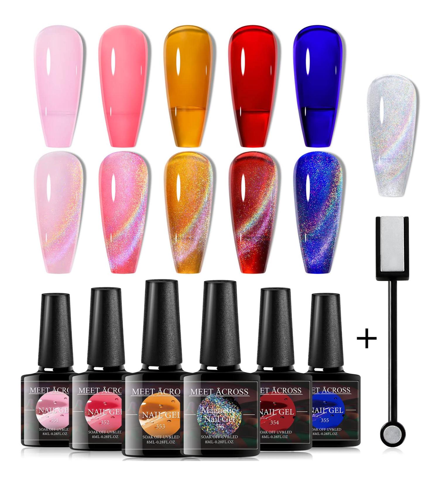 MEET ACROSS Rainbow Cat Eye Gel Nail Polish Kit - 5 Colors Jelly Soak Off UV LED Gift Box + Magnet Stick - Buy Online on SooperMarket.com