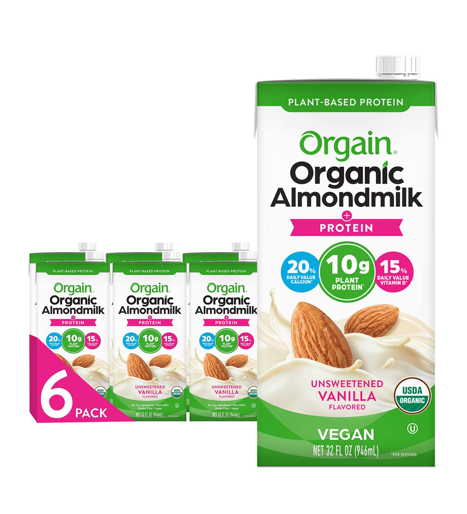 Orgain Organic Plant Based Protein Almond Milk - Unsweetened Vanilla 32 Fl Oz (Pack of 6) | Non-Dairy, Vegan, Gluten-Free, Soy-Free, No Sugar Added | Lactose-Free, Kosher, Non-GMO - Buy Online on SooperMarket.com