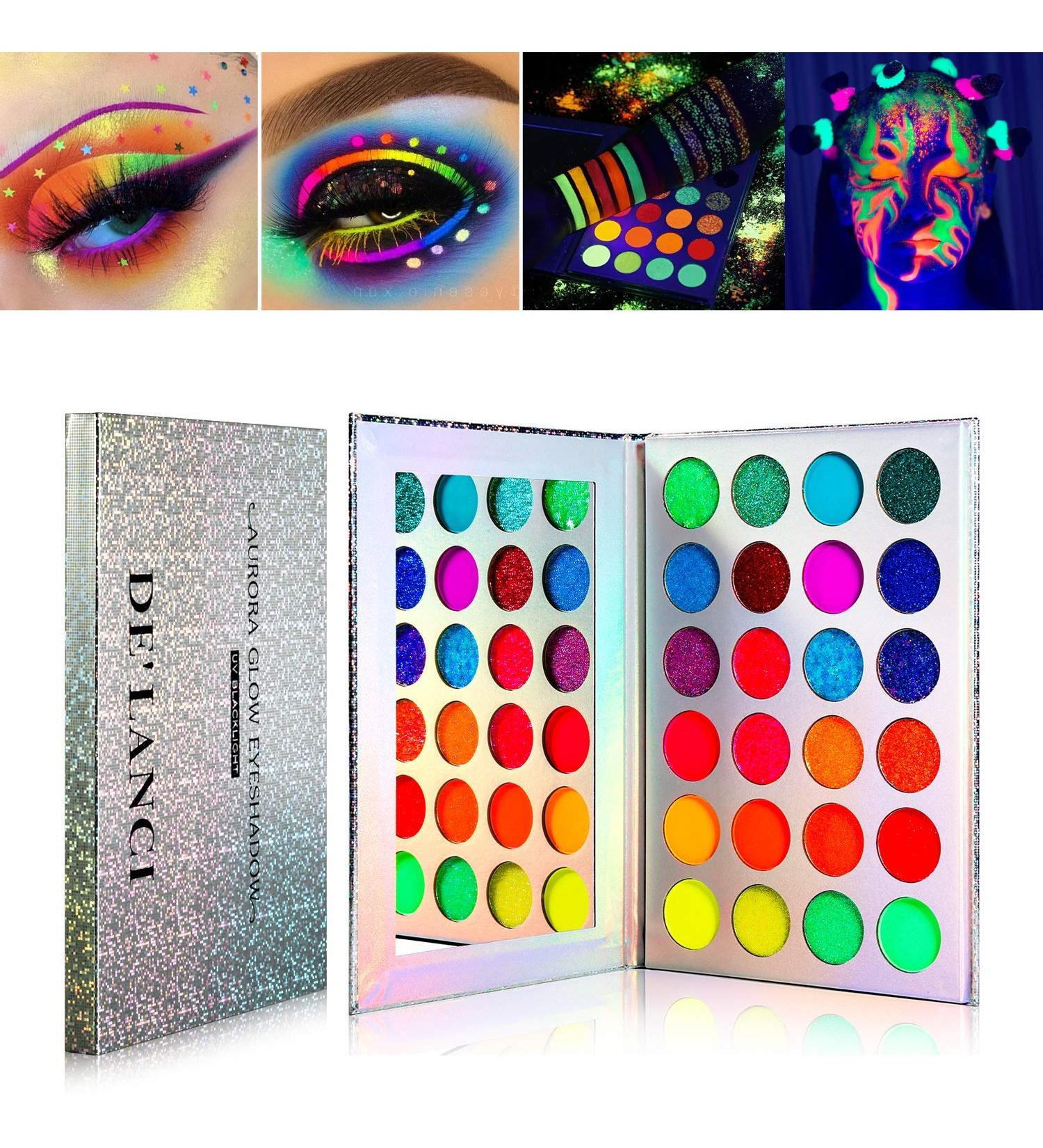 Neon Eyeshadow Palette - Delanci Aurora Glow for Halloween Makeup | Fluorescent & Glitter Eyeshadow Kit - Buy Online on SooperMarket.com