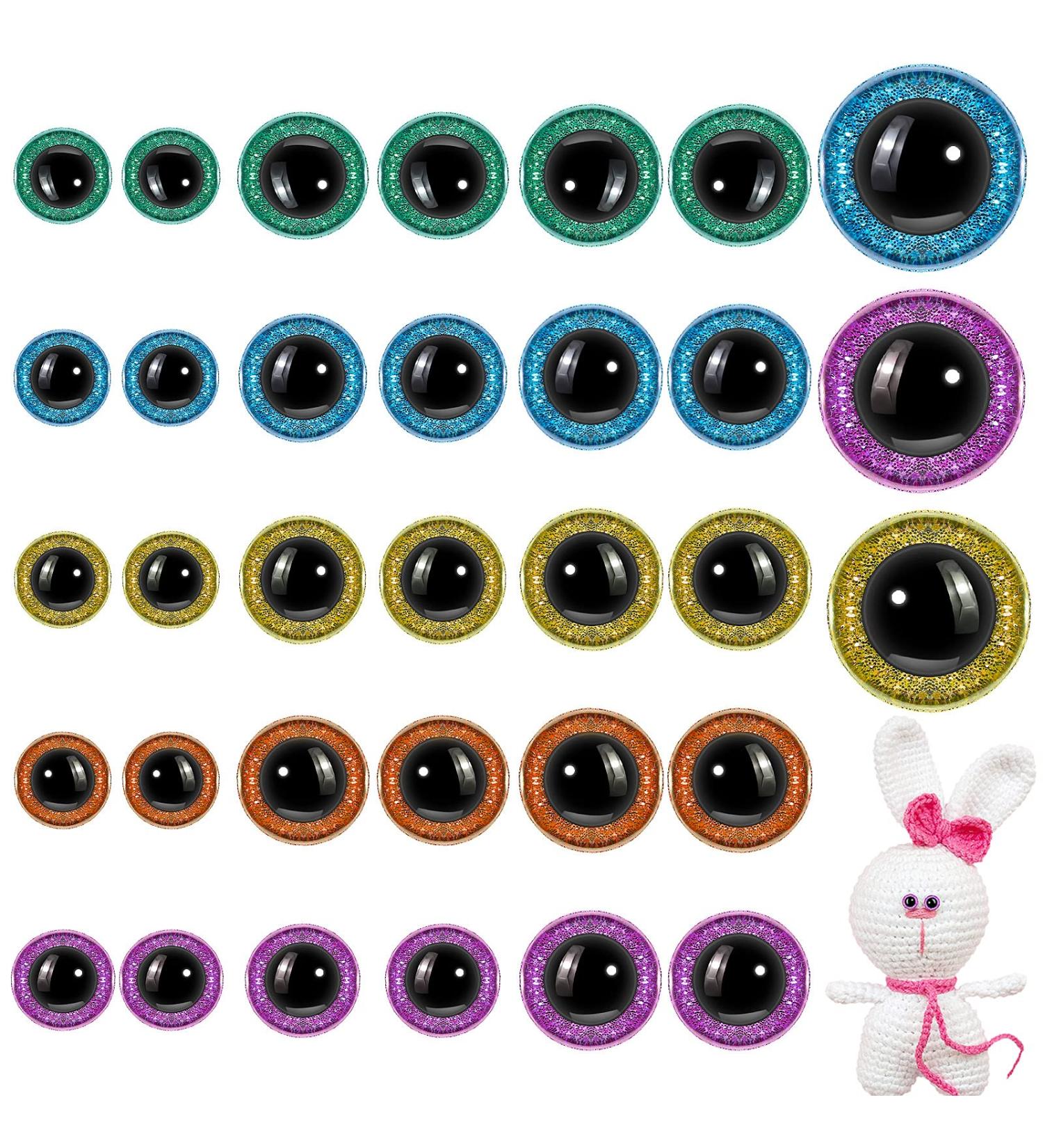 150 Pcs Glitter Safety Eyes for Amigurumi - 12/16/20 mm - Stuffed Animal Plastic Craft Eyes - DIY Puppet and Toy Doll Making - Green, Purple, Blue, Champagne, Golden - Buy Online on SooperMarket.com