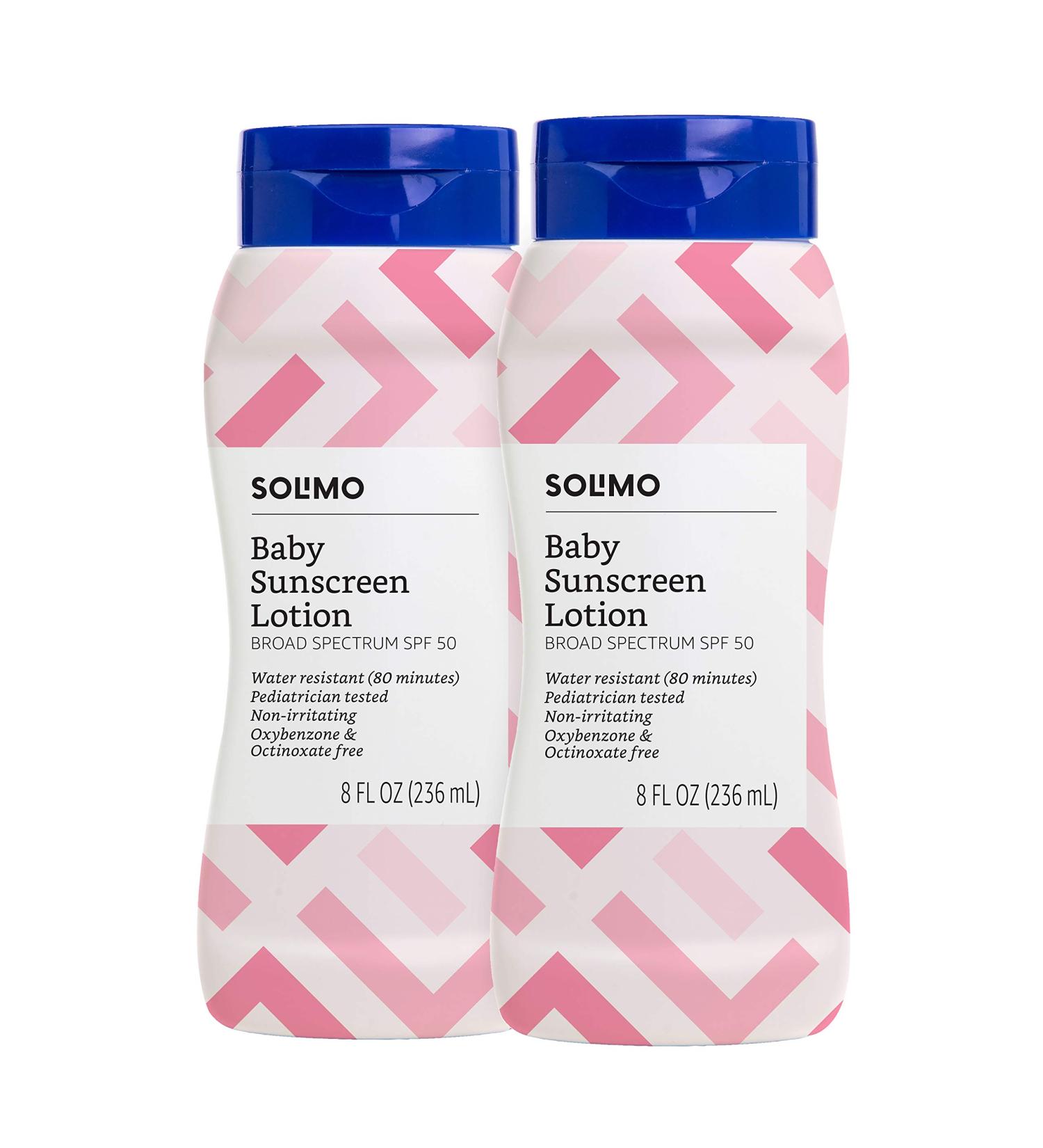 Amazon Brand - Solimo Baby Sunscreen SPF 50, Reef Friendly (Octinoxate & Oxybenzone Free), 8 Fluid Ounce (Pack of 2) ReefFriendly 2 Pack
