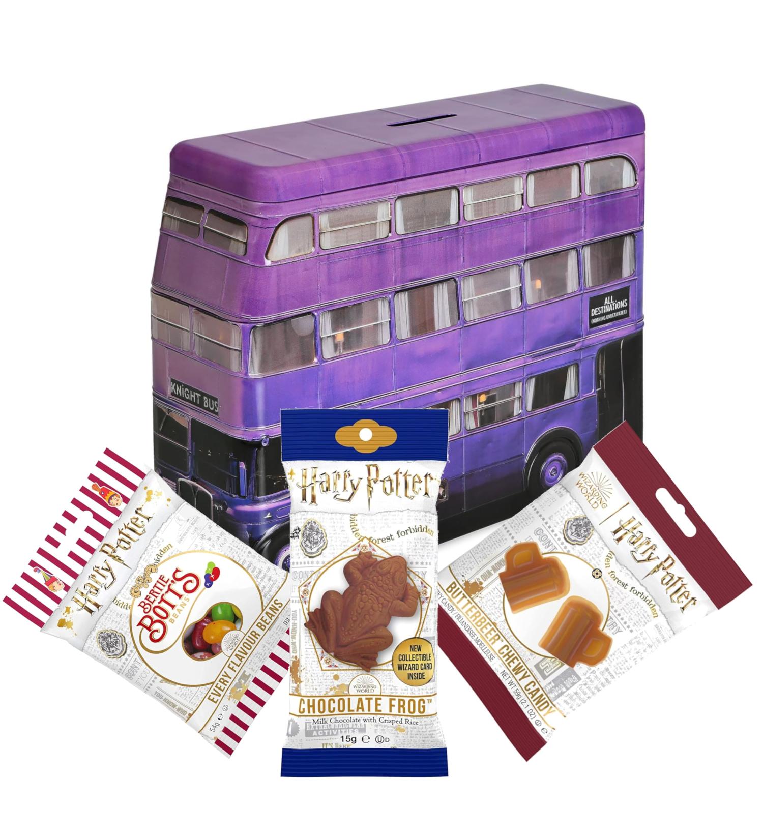 Harry Potter 4-Pack: Knight Bus Money Box Bertie Botts Chocolate Frog & Butterbeer Candy - International Shipping Available - Buy Online on SooperMarket.com