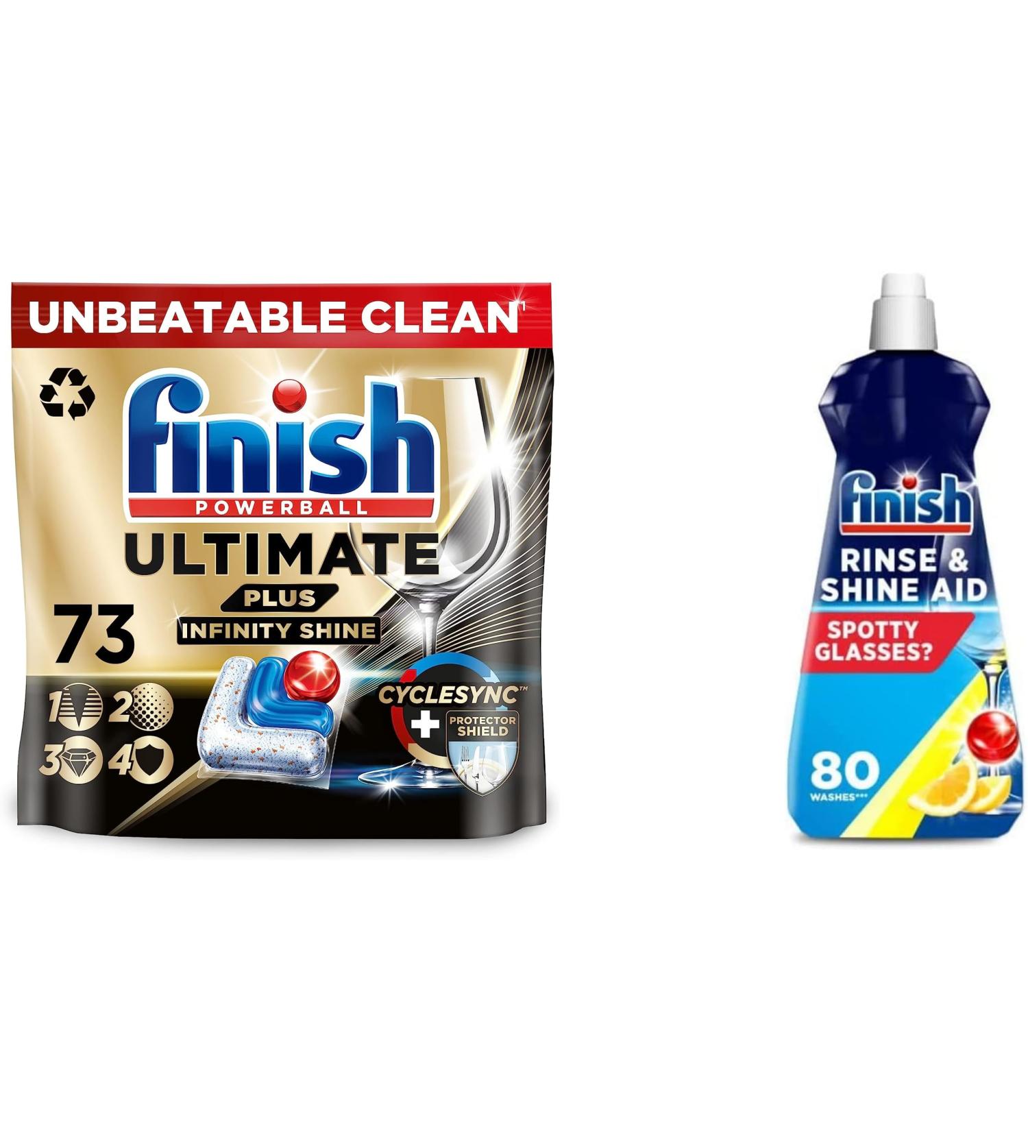 Bundle of Finish Ultimate Plus Infinity Shine Dishwasher Tablets | 73 Dishwasher Tabs | For Unbeatable* Clean & Diamond Shine + Finish Dishwasher Cleaner Rinse Aid | Scent : Lemon | Size : 400ml - Buy Online on SooperMarket.com