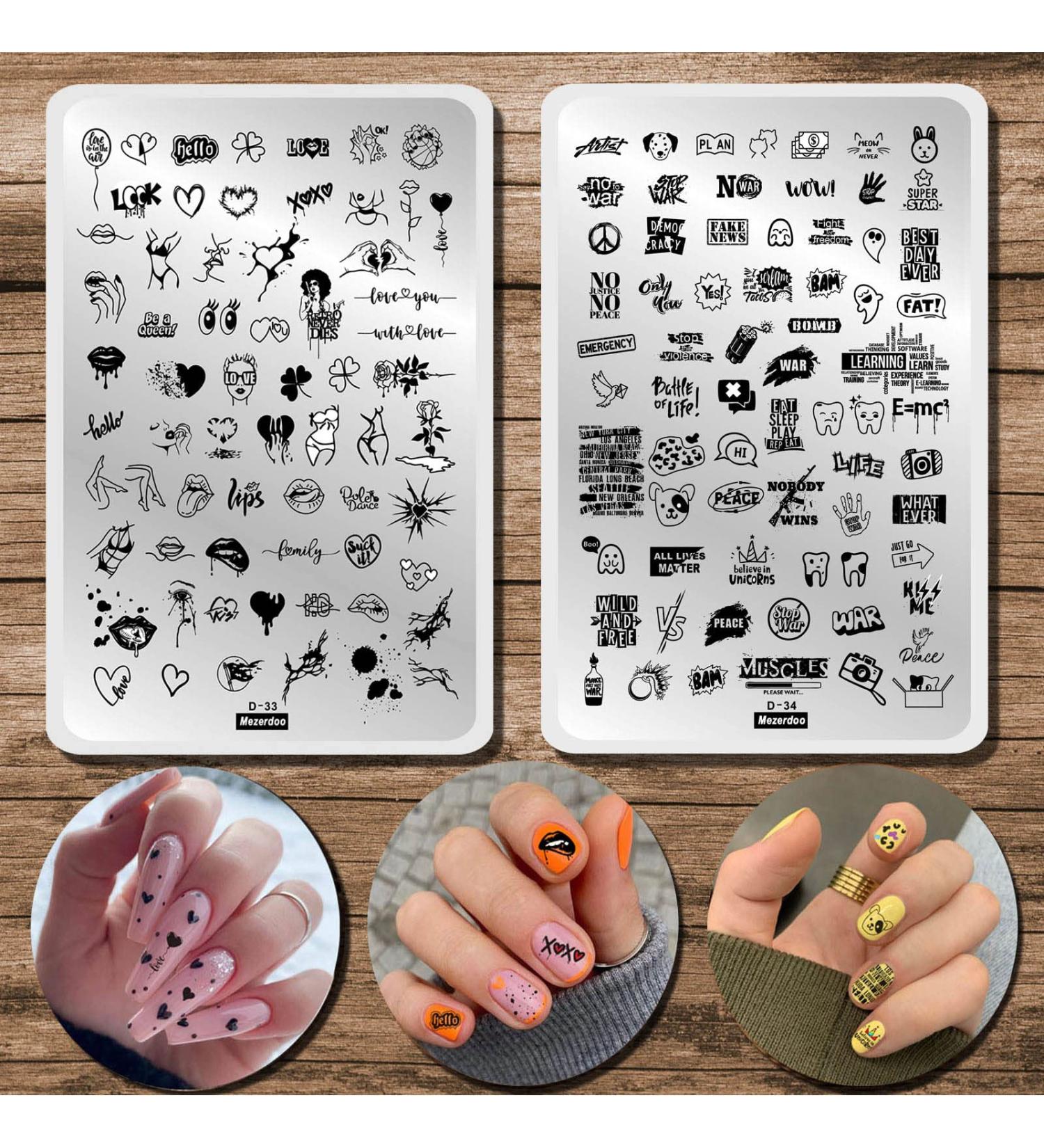 Nail Stamping Plates Heart Letter Nail Stamping Kit 2 Pcs Lips Graffiti Animals Patterns Design Nail Stamp Plate 14.5 * 9.5cm Stainless Steel Nail Art Templates DIY Nail Tools Nail Stamping D33-D34 - Buy Online on SooperMarket.com