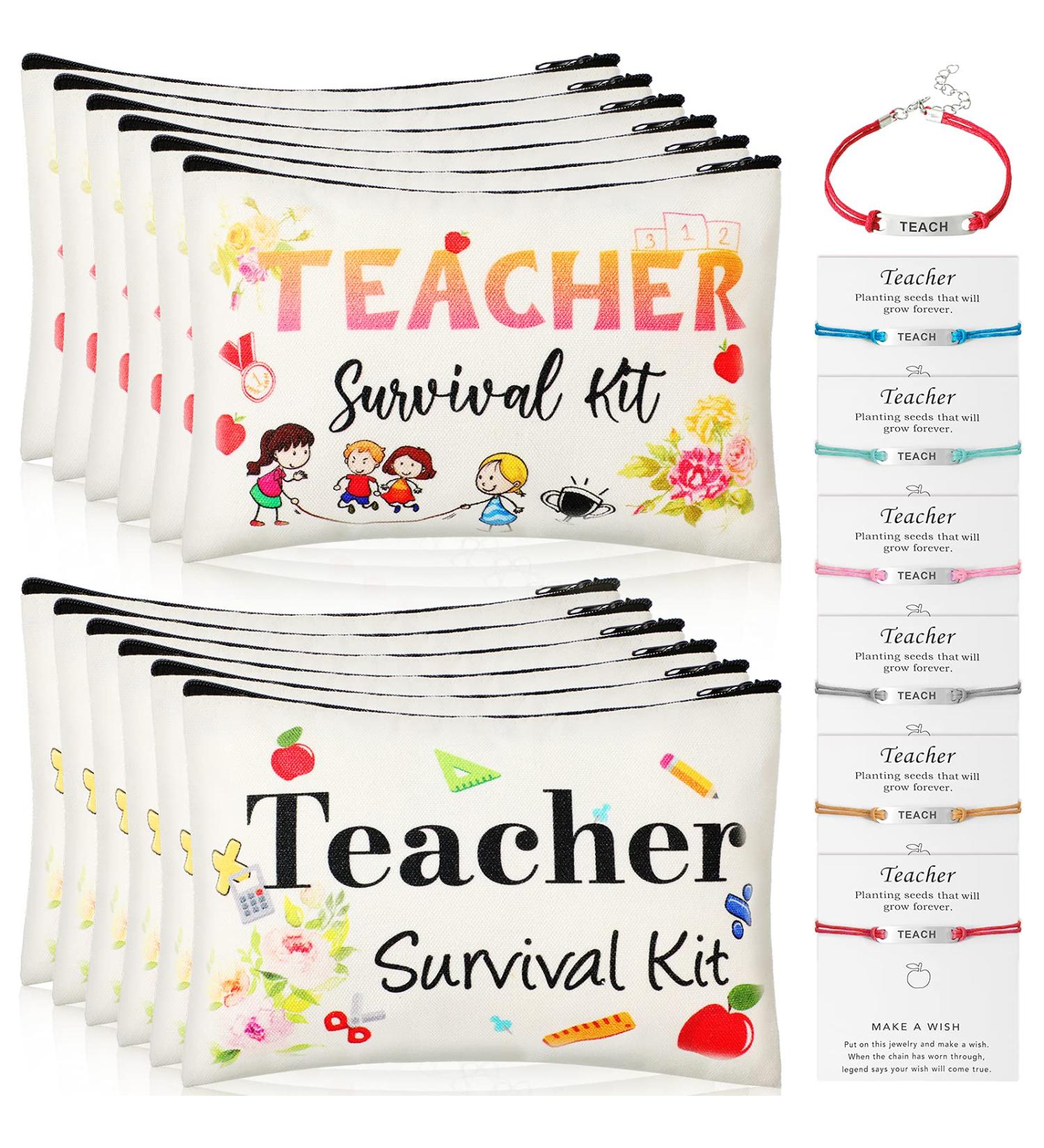 24 Pieces Teacher Appreciation Present Set  12 Teacher Survival Kit Bag Makeup Pouch Bag  12 Teacher Blessing Card Bracelet  Teacher Cosmetic Bag Kit for Teacher's Day (Cute Style  7.9 x 5.3 Inch) Cute Style 7.9 x 5.3 Inch - Buy Online on SooperMarket.com