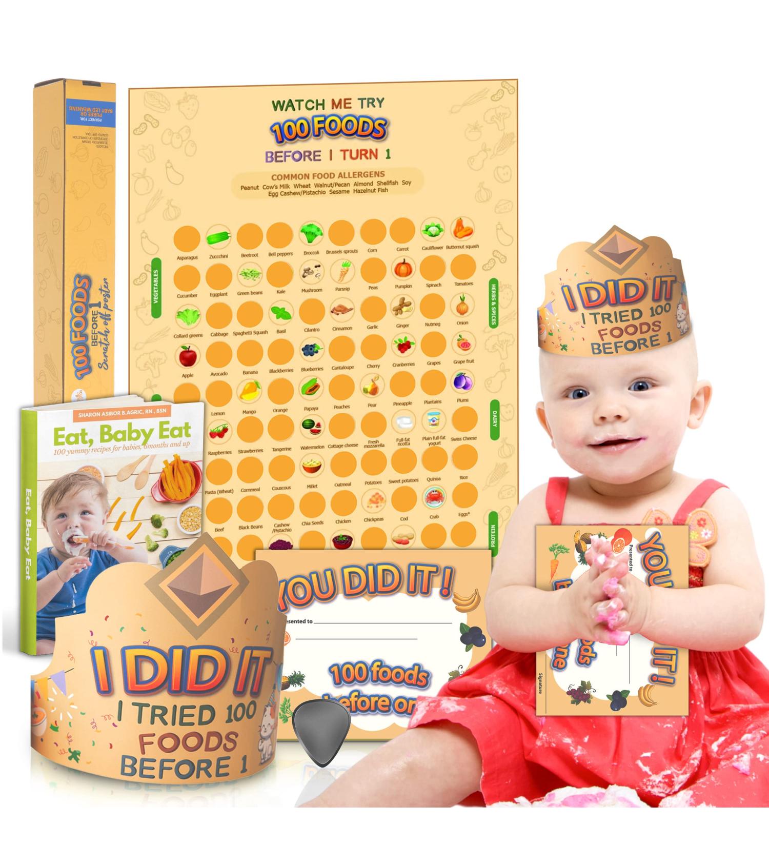 Cradle Plus 100 Foods Before 1 Scratch Off Poster with Baby Led Weaning Book - Baby Food Ideas, Tracker, Cookbook, Crown and Certificate - Yellow - Buy Online on SooperMarket.com
