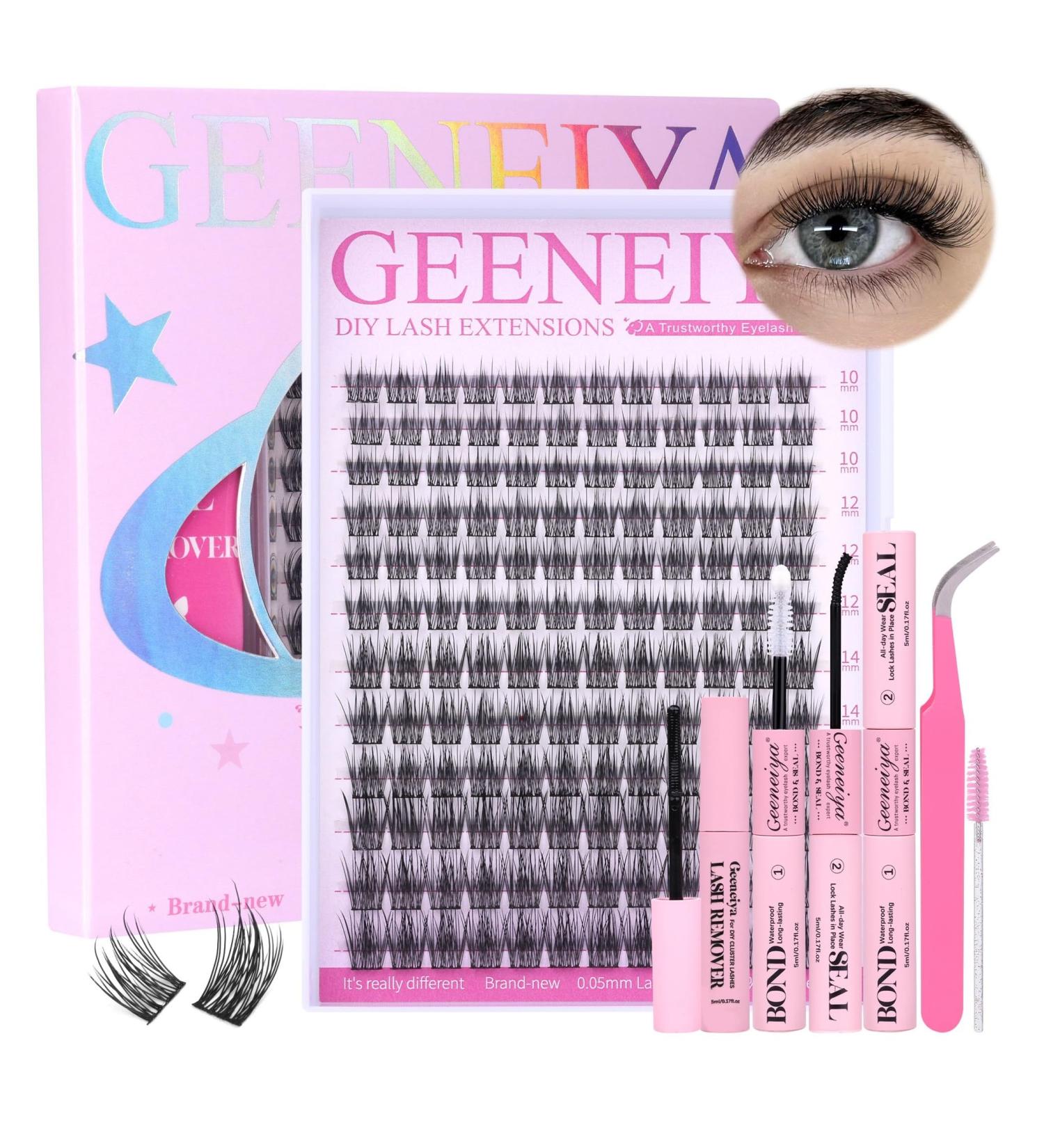 Geeneiya Wispy Lashes Clusters Kit - Natural Eyelash Extensions 10-16mm | C Curl | Waterproof Bond & Seal | Remover Tweezers & Brush Included - Buy Online on SooperMarket.com