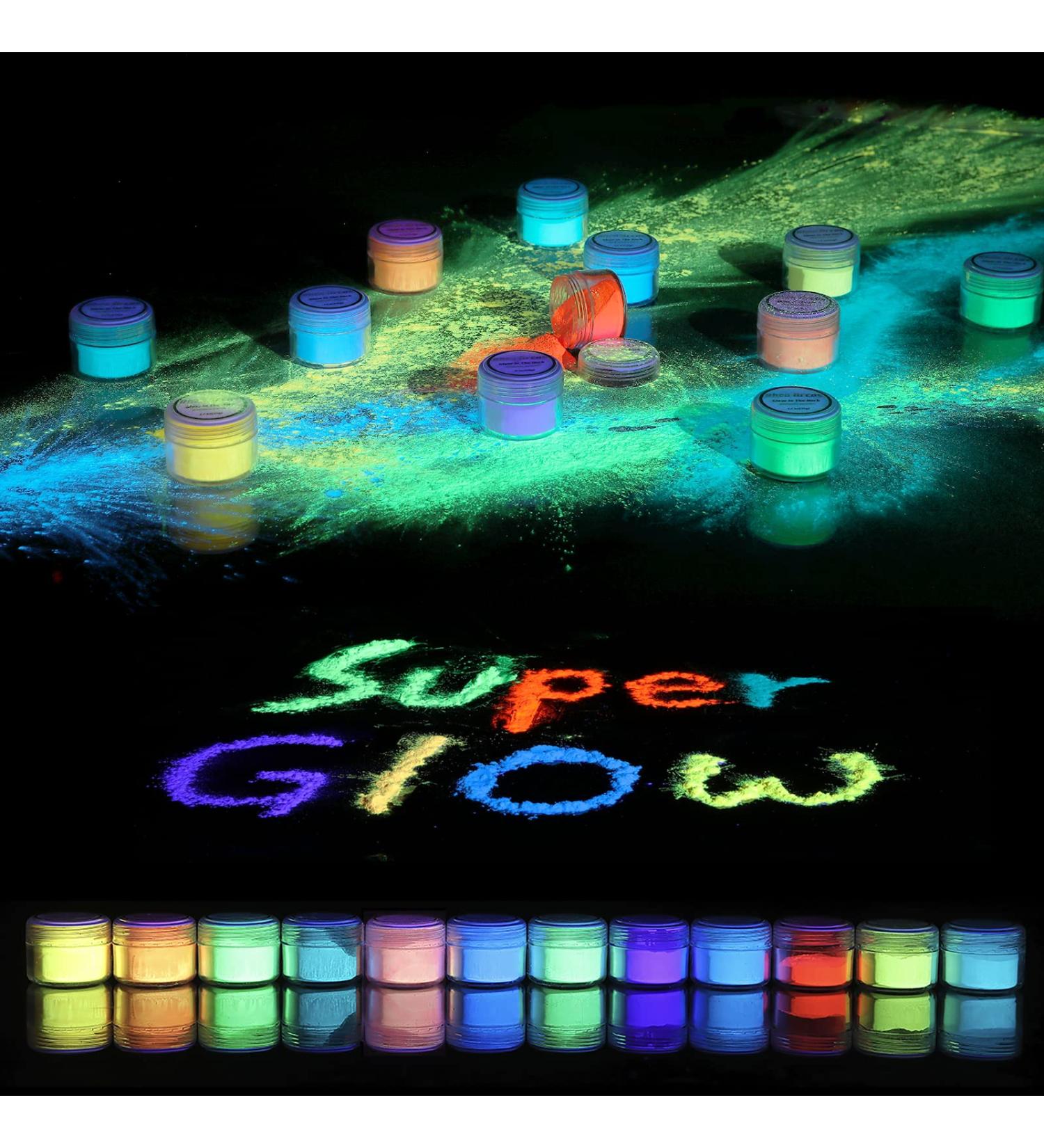 Rhea Arcas Glow in The Dark Powder - 12 Pack Luminous Mica Pigment for Epoxy Resin, Nail Polish, Acrylic Paint, DIY Crafts & Theme Parties - Fluorescent Dye for Art Projects - Neon Colors - Buy Online on SooperMarket.com