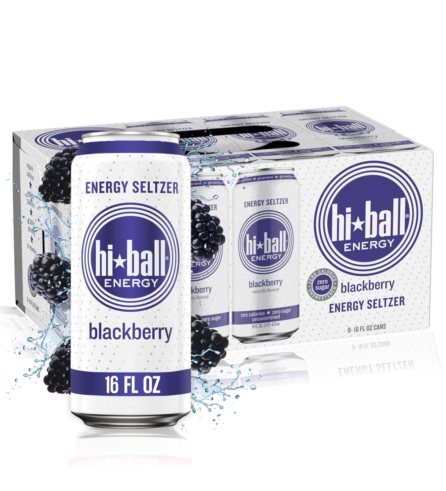 Hiball Clean Energy Seltzer Water - Caffeinated Sparkling Water with Vitamin B12 & B6 - Sugar Free - 8 Pack (16 Fl Oz each) - Blackberry Flavor - Buy Online on SooperMarket.com