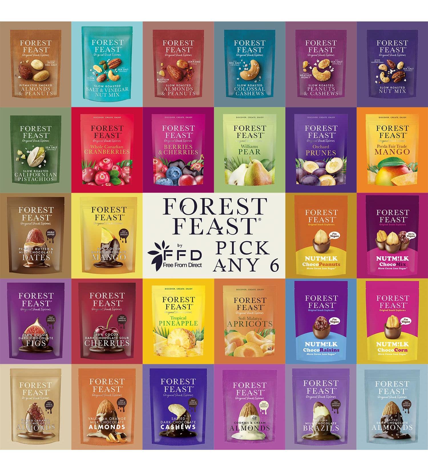 Forest Feast Pick Any 6 from 28 Varieties - Including Dried Mango Chocolate Brazil Nuts and Chocolate Almonds. Handcrafted Artisan Luxury Snacks.