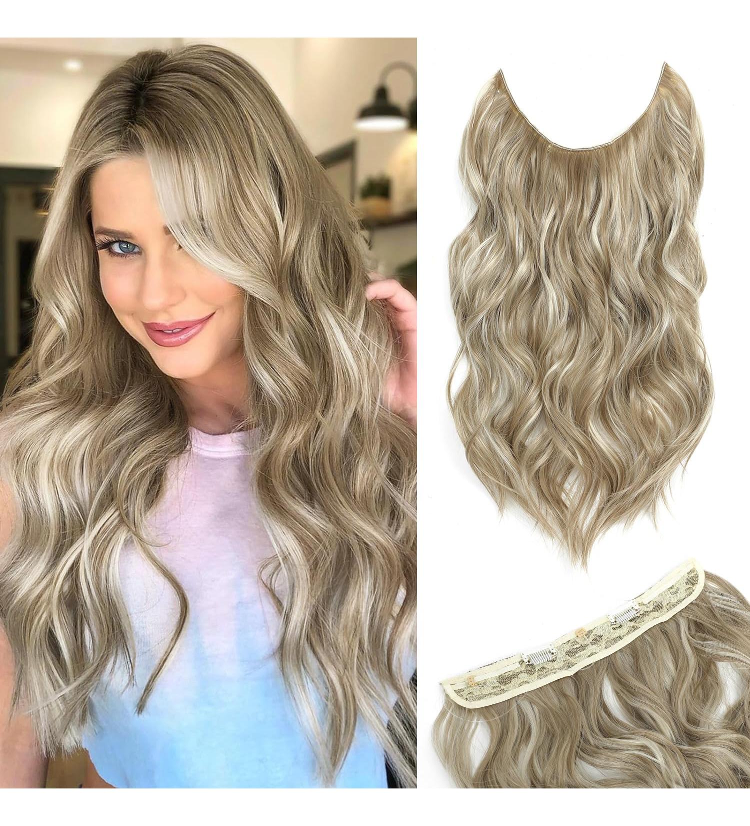 Invisible Wire Hair Extensions - Natural Wavy Synthetic Hair, Adjustable Size, Secure Clips - 20inch Mix Ash Blonde - For Women - Buy Online on SooperMarket.com