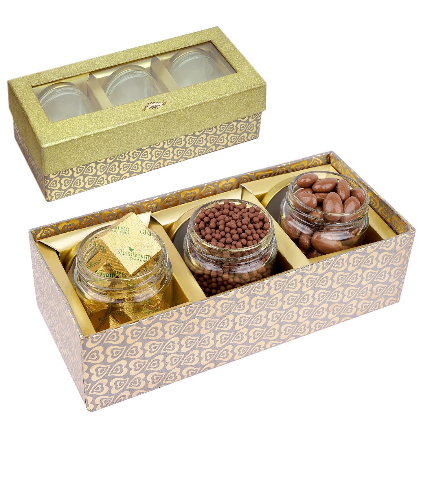 Jaiccha Ghasitaram Chocolate Hamper- Box with 3 Jars of Chocolate Coated Almonds Rice Crispies and MEWA Bites |Gift for Diwali Holi Rakhi Valentine Christmas Birthday Anniversary Her Him| - Buy Online on SooperMarket.com