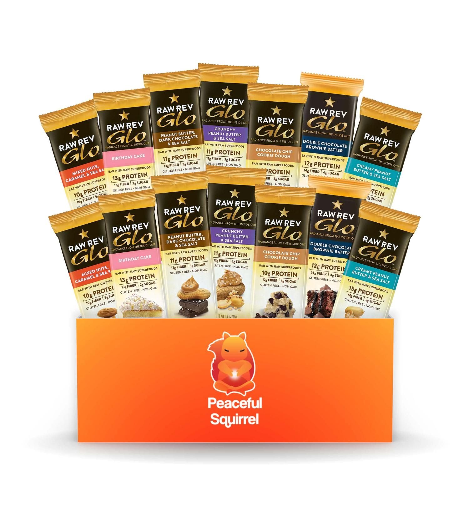 Peaceful Squirrel Raw Rev Glo Bars Variety Pack - High Protein & Fiber, Vegan, Gluten-Free - 14 Bars, 1.6 oz Each - Buy Online on SooperMarket.com