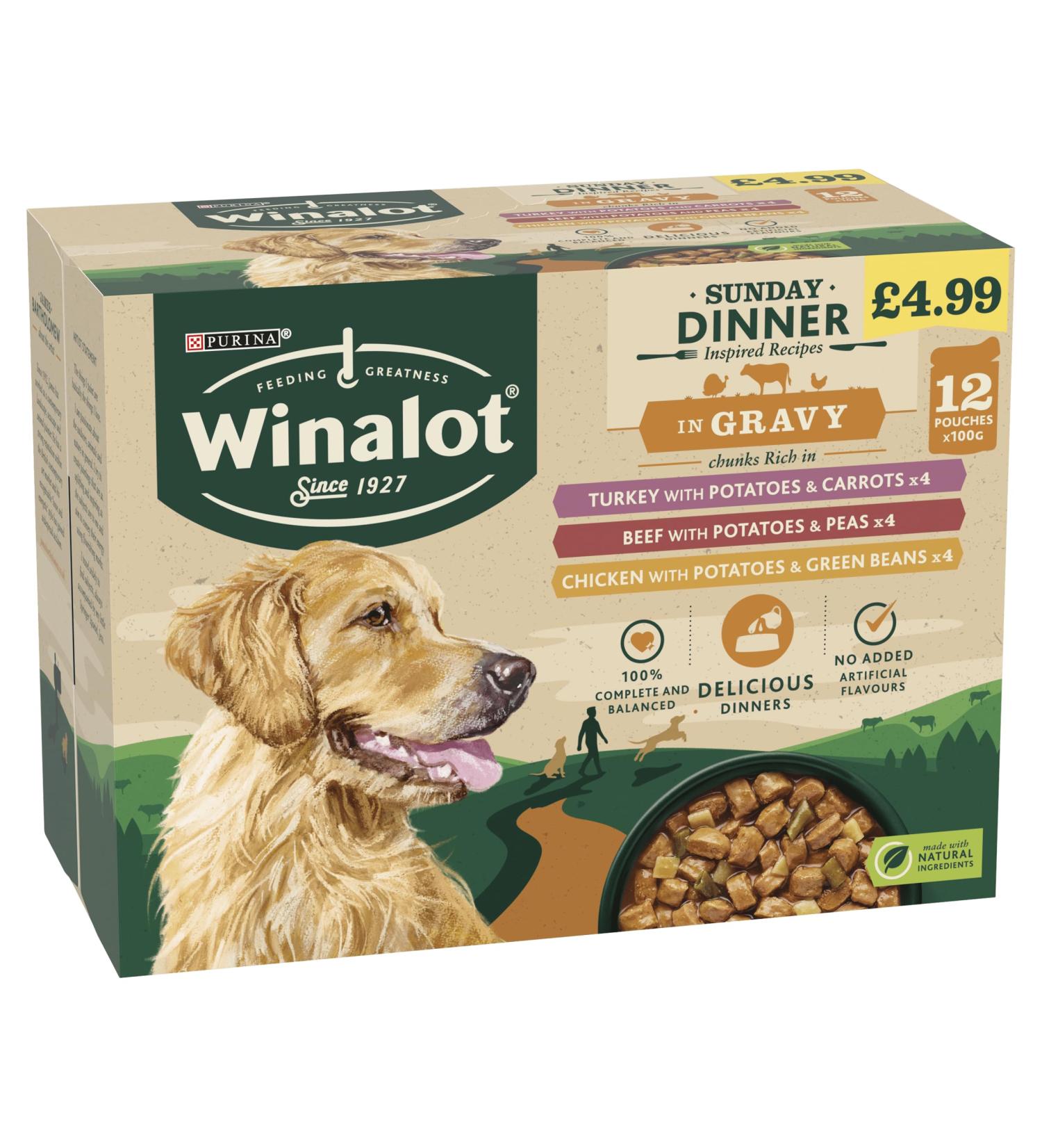 WINALOT Sunday Dinner Chunks in Gravy Adult Dog Wet Food 4 x12 x 100g PMP Pouches