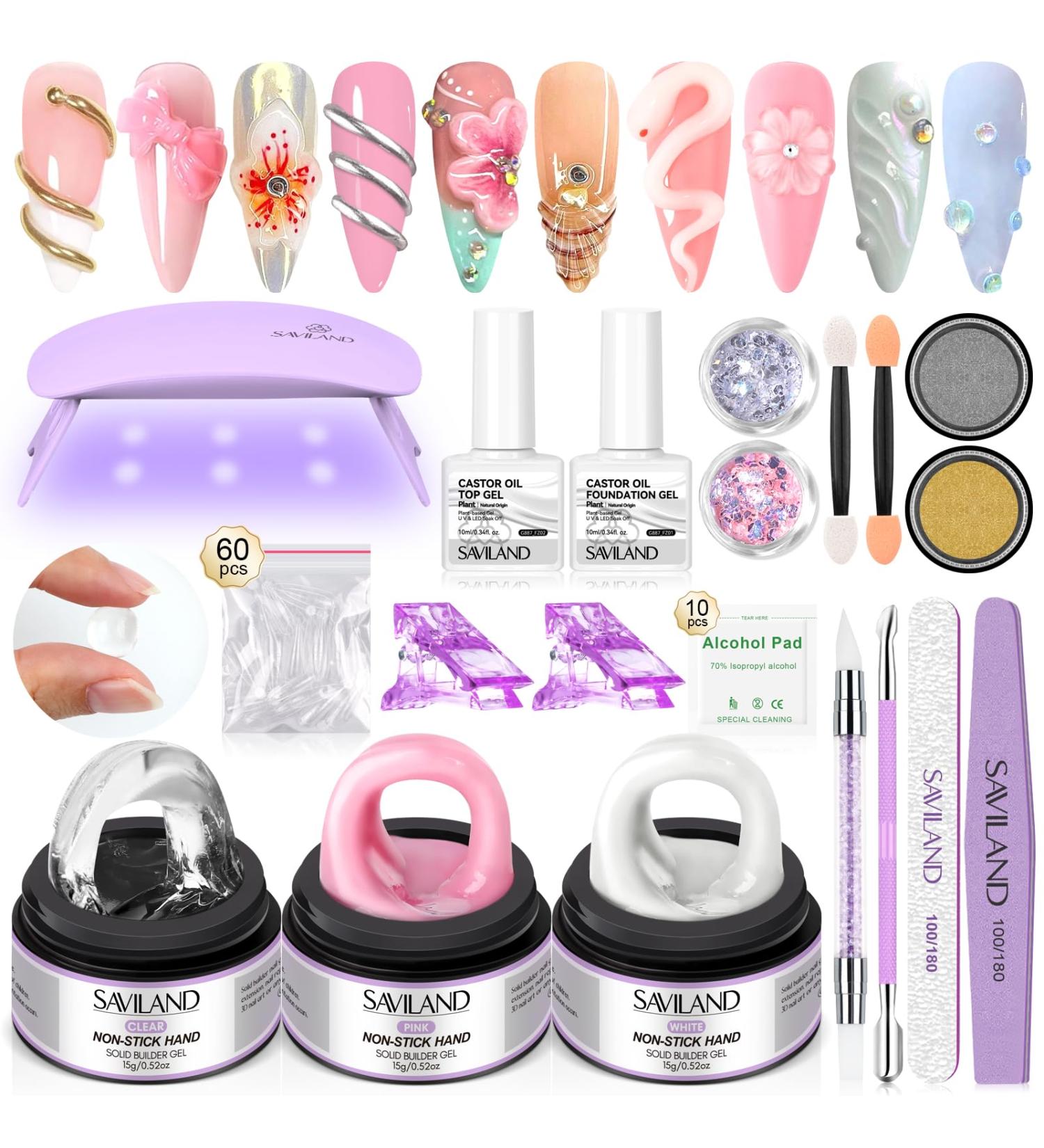 SAVILAND Solid Builder Nail Gel Kit for Beginners - 3 Colors Non-Sticky 3D Gel UV Lamp Chrome Powders & Nail Sequins for Stunning Nail Art & Extensions - Buy Online on SooperMarket.com