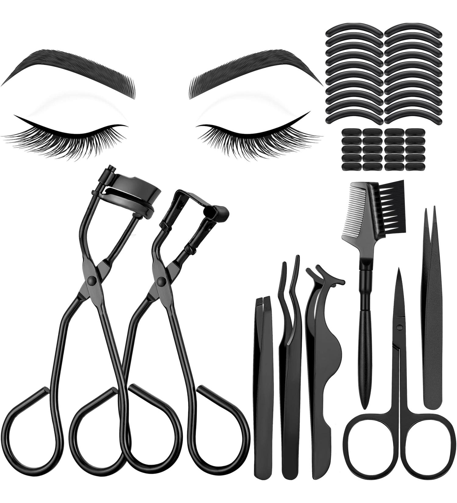 48-Piece Eyelash Curler Set with Mini Kit, Tweezers, Brush, Scissors, Silicone Pads (Black) - Buy Online on SooperMarket.com